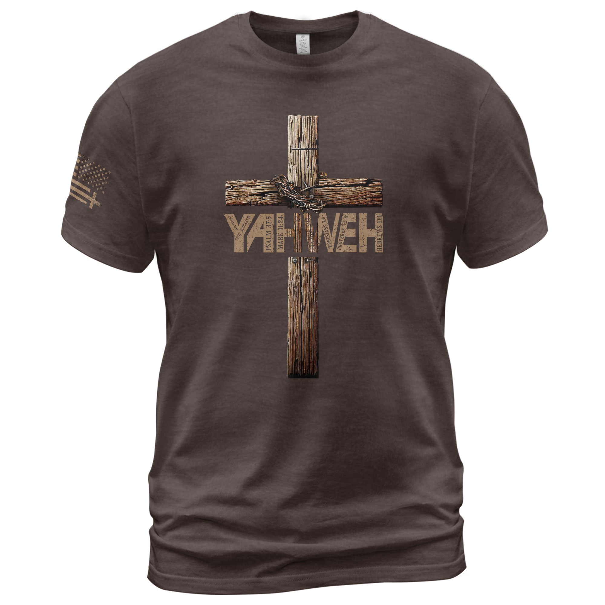 Christian Shirts for Men - Yahweh Cross with Bible Verse Wooden Design, Christian Tee Shirts - Rust Field Wear