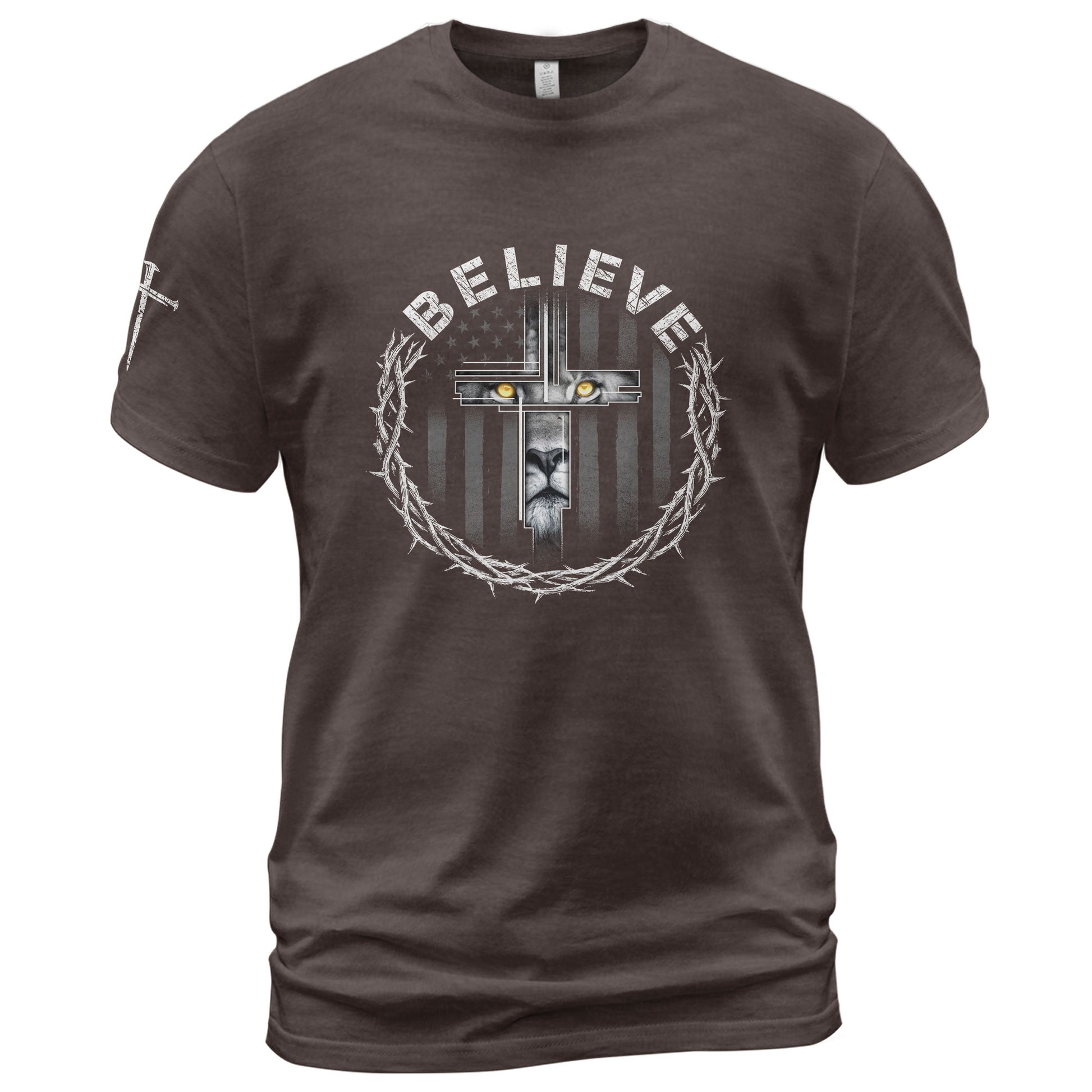 Believe Lion Cross Crown of Thorns Christian, Christian Tee Shirts - Faith Shirts for Men - Rust Field Wear