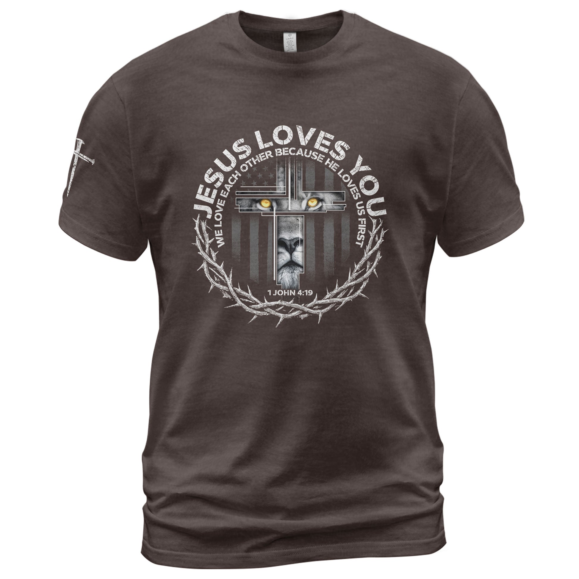 Jesus Loves You Lion Cross Crown of Thorns - Christian Tee Shirts, Christian Shirts for Men - Rust Field Wear