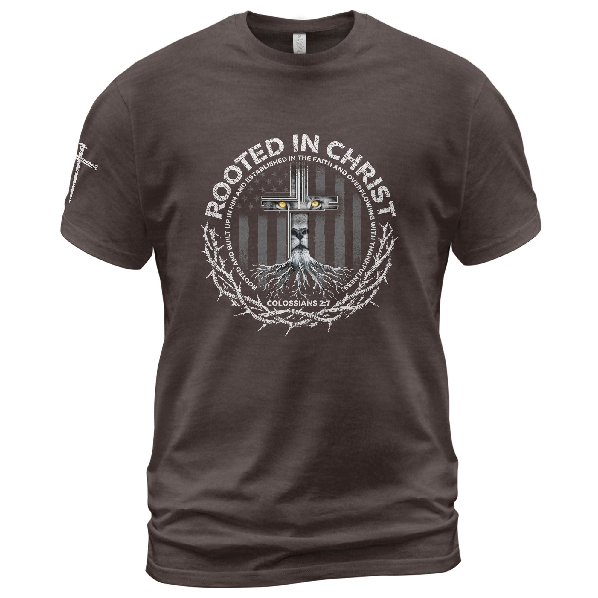 Rooted In Christ Colossians 2:7 Lion Cross - Christian Shirts for Men, Faith Based Christian Tee Shirts - Rust Field Wear
