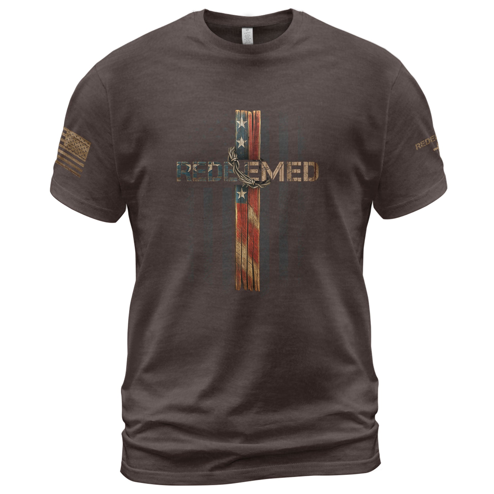 Christian Tee Shirts, Redeemed American Flag Cross Christian - Christian Shirts for Men - Rust Field Wear