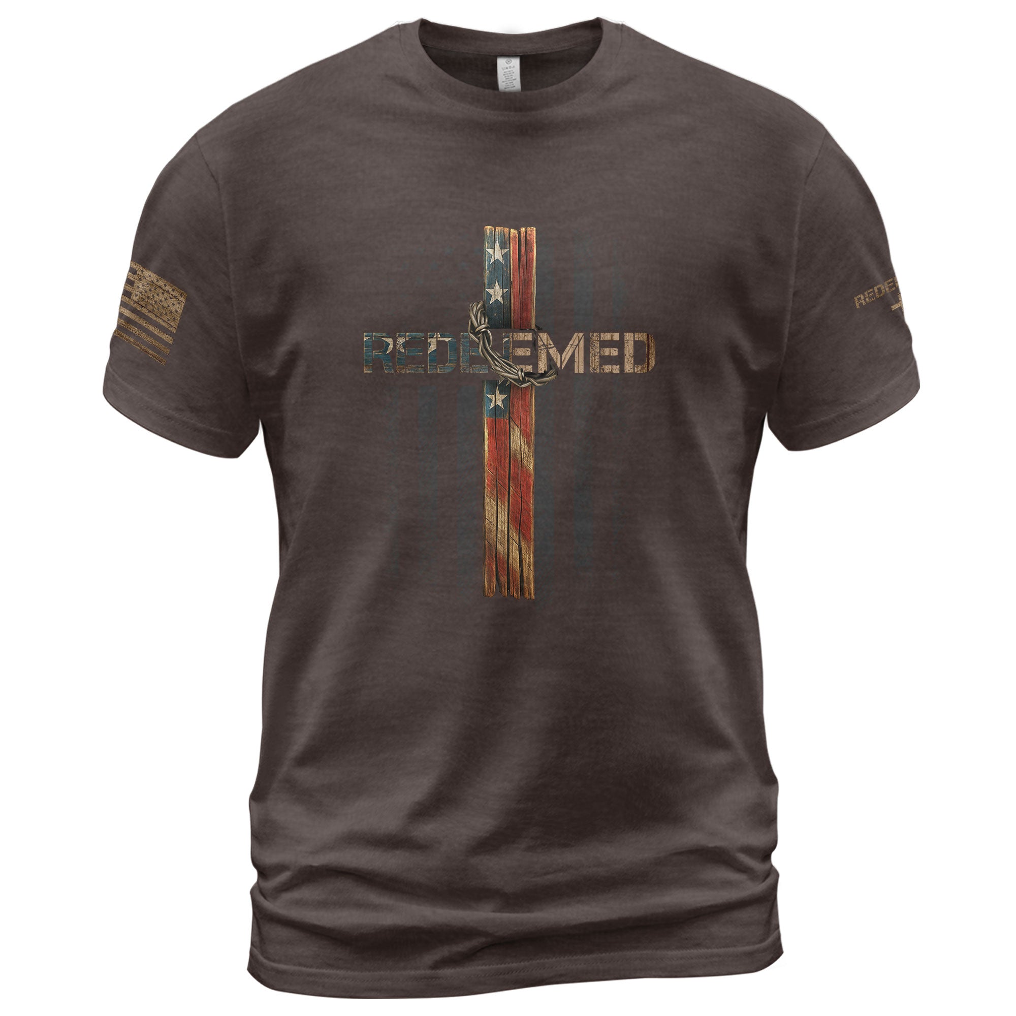 Christian Tee Shirts, Redeemed American Flag Cross Christian - Christian Shirts for Men - Rust Field Wear
