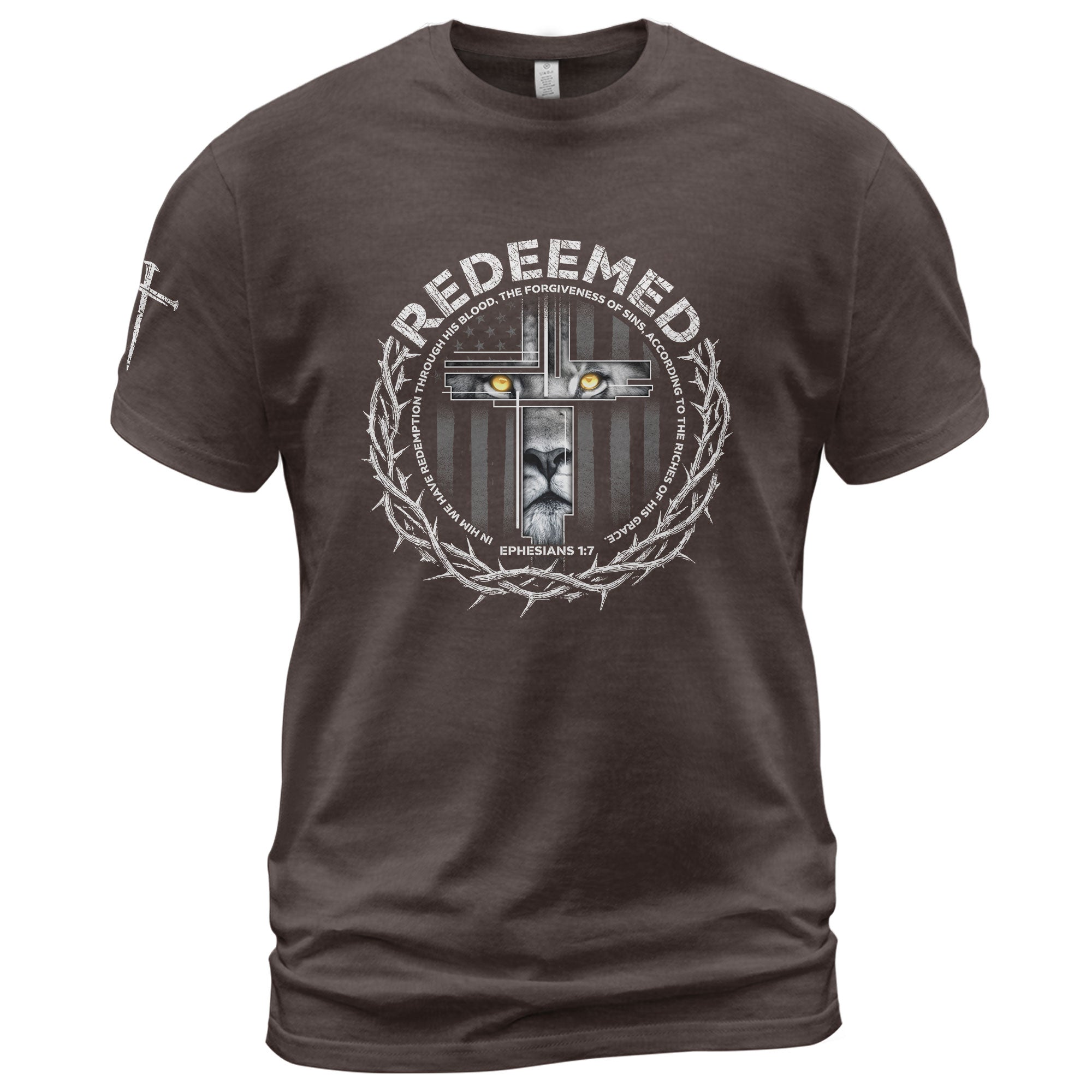 Faith Based Christian Tee Shirts, Redeemed Ephesians 1:7 Lion Cross Christian - Christian Shirts for Men - Rust Field Wear