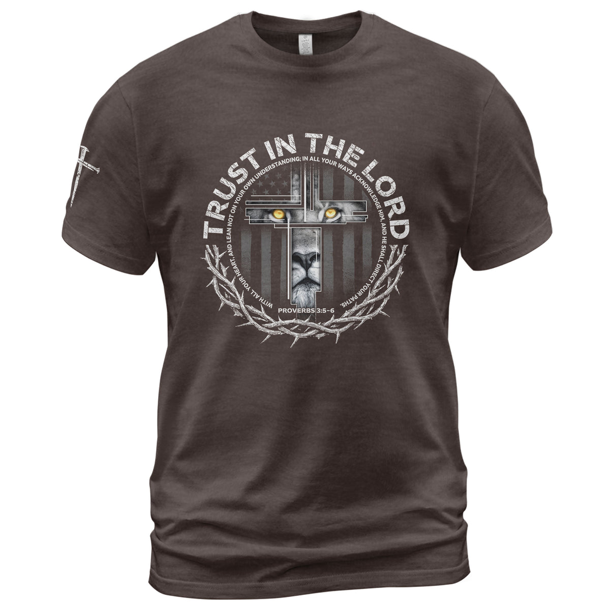 Trust In The Lord Proverbs 3:5 Lion Cross - Christian Shirts for Men, Faith Based Christian Tee Shirts - Rust Field Wear