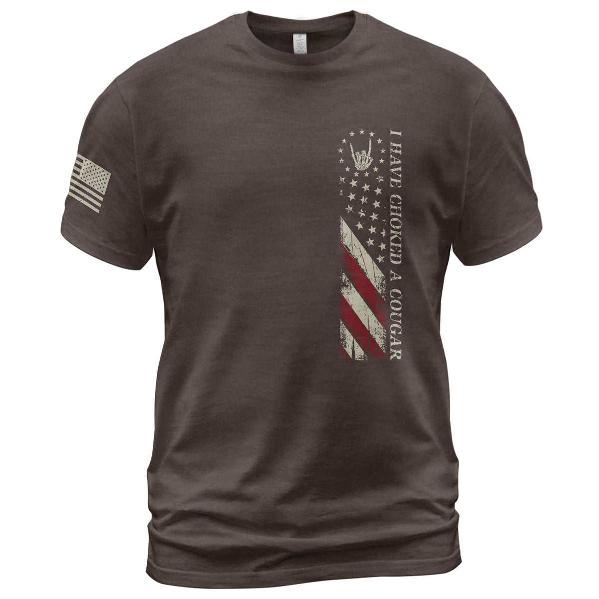 I Have Choked A Cougar US Flag Graphic T-Shirt Distressed Vertical Print Tee