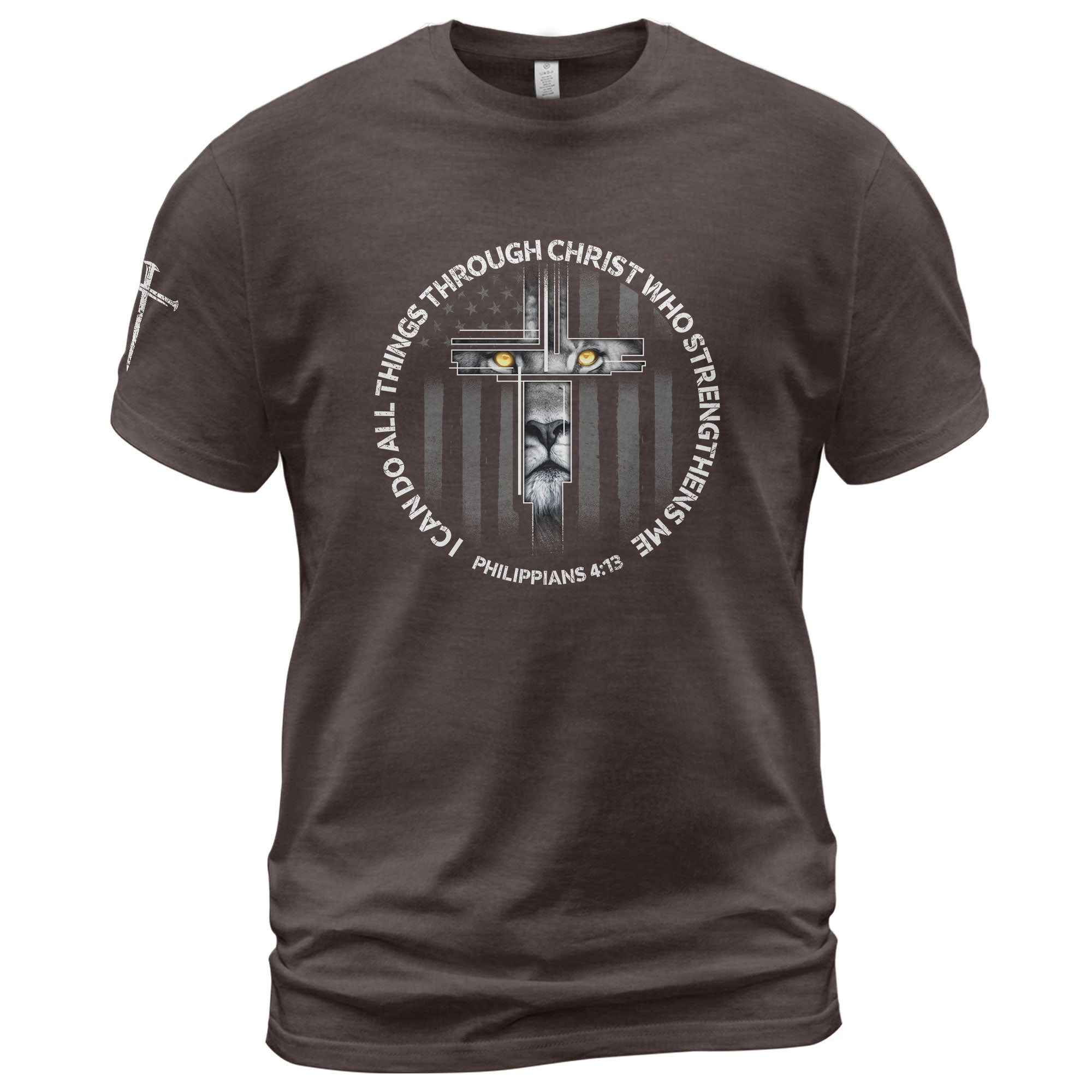 Faith Based Christian Tee Shirts, I Can Do All Things Through Christ Lion Cross - Christian Shirts for Men - Rust Field Wear