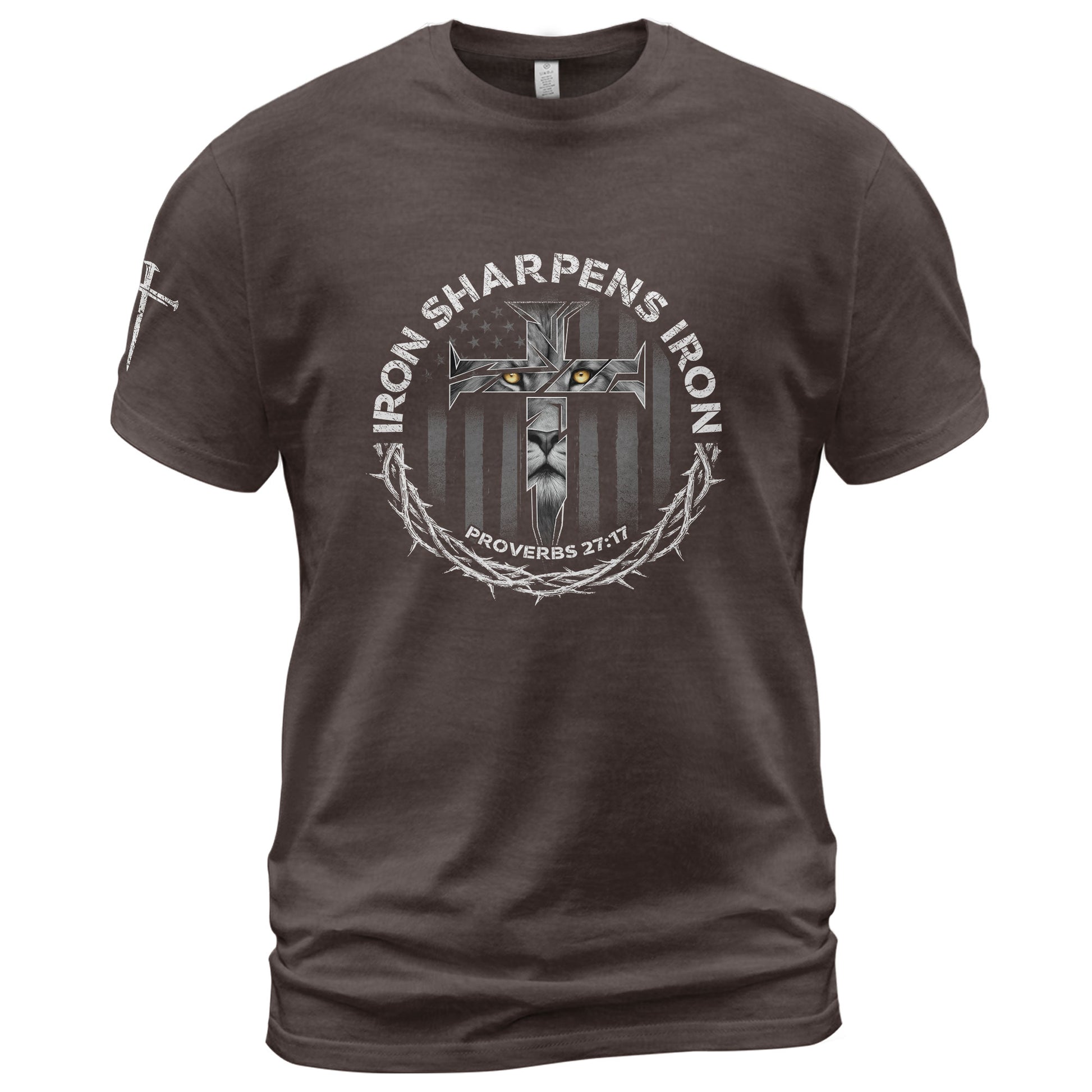 Christian Shirts for Men, Iron Sharpens Iron Proverbs 27:17 Lion Cross - Christian Tee Shirts - Rust Field Wear
