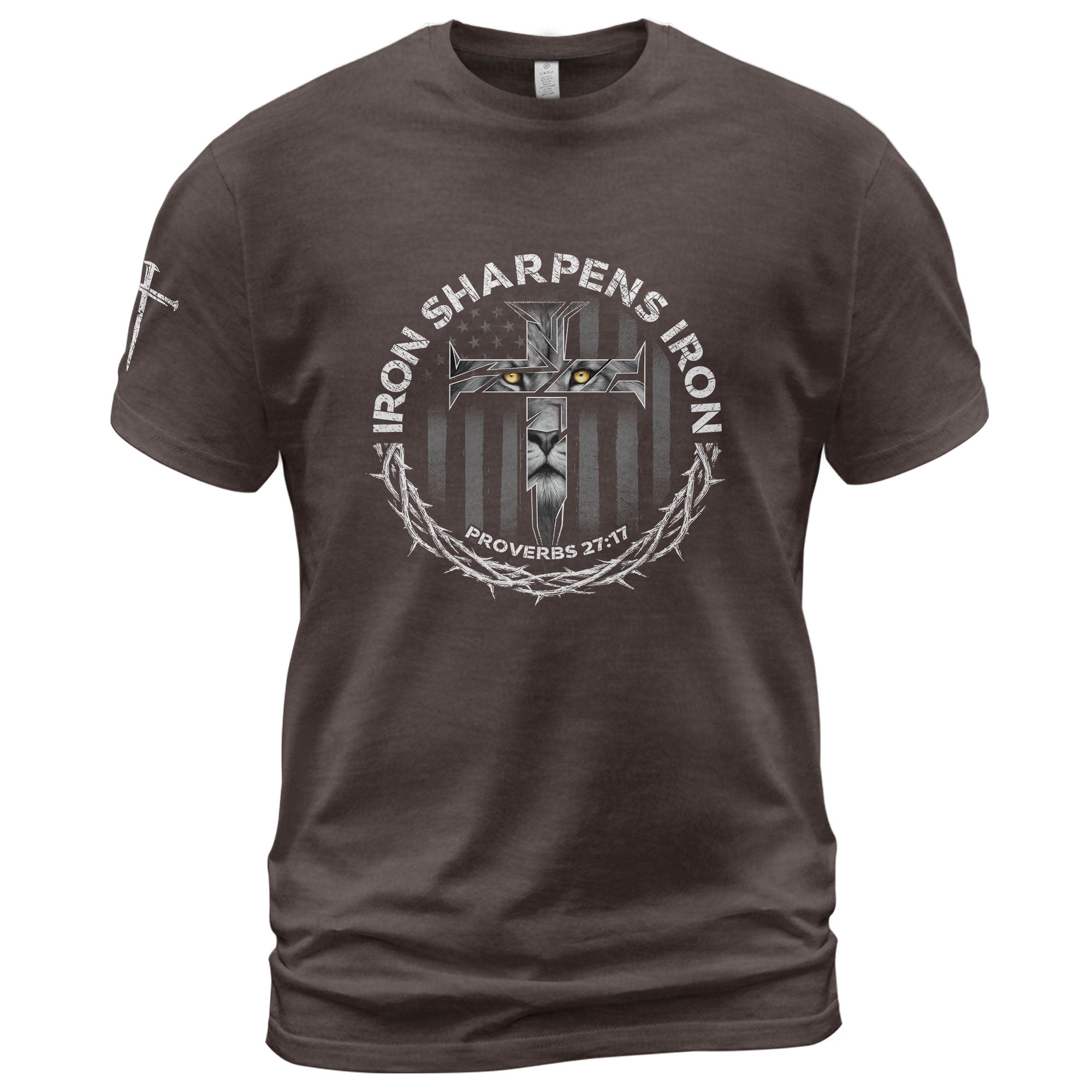 Christian Shirts for Men, Iron Sharpens Iron Proverbs 27:17 Lion Cross - Christian Tee Shirts - Rust Field Wear