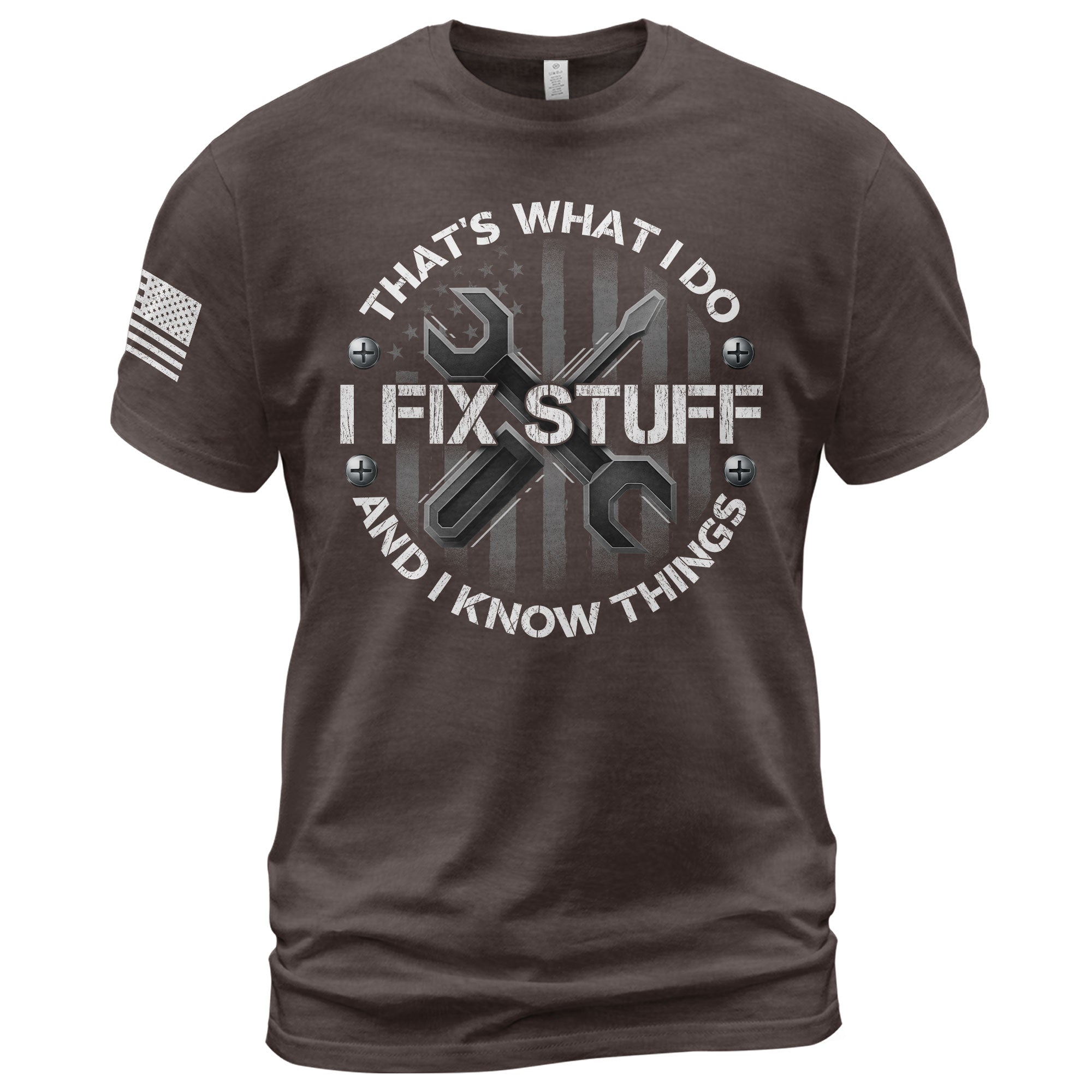 Men Graphic Circular Badge T-Shirt I Fix Stuff And I Know Things Tool Quote Tee