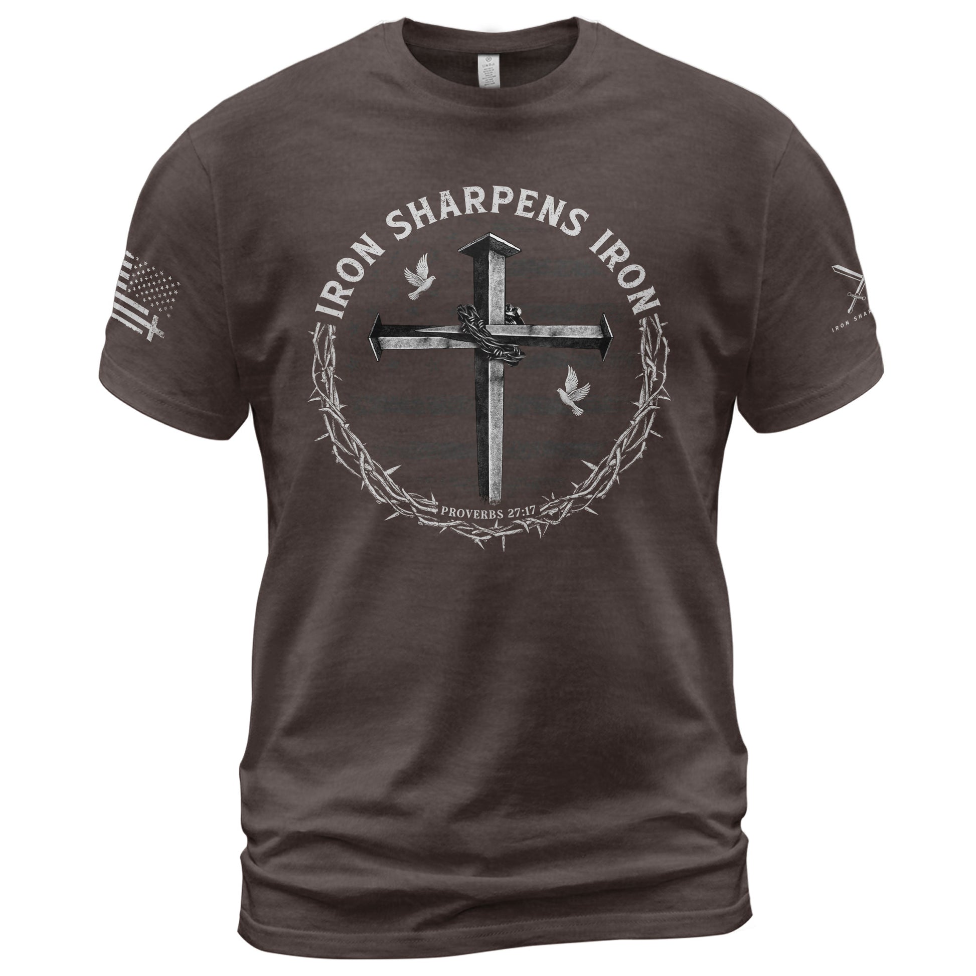 Christian Shirts for Men - Iron Sharpens Iron Cross Proverbs 27:17 Christian, Christian Tee Shirts - Rust Field Wear