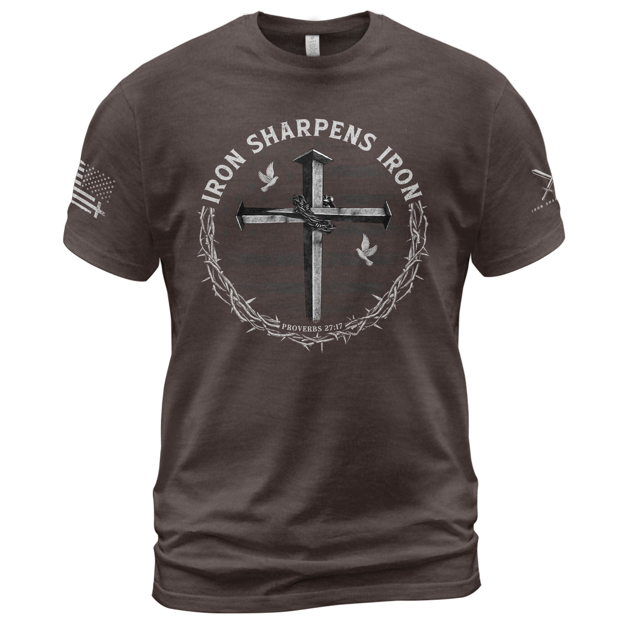 Christian Shirts for Men - Iron Sharpens Iron Cross Proverbs 27:17 Christian, Christian Tee Shirts - Rust Field Wear