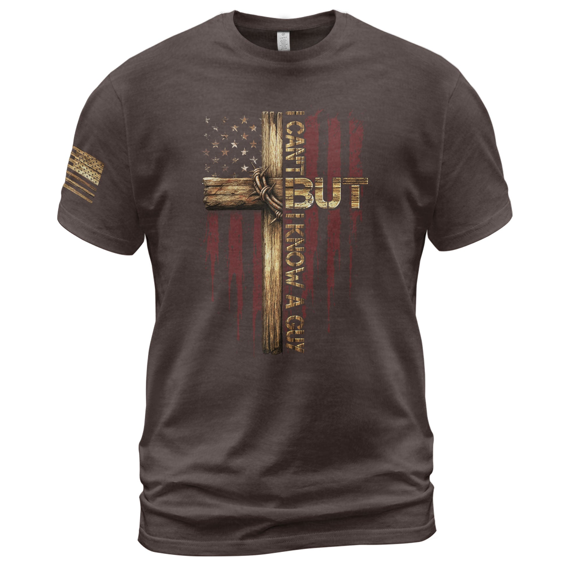 Christian Tee Shirts, I Can’t But I Know a Guy Cross and American Flag Christian - Christian Shirts for Men - Rust Field Wear