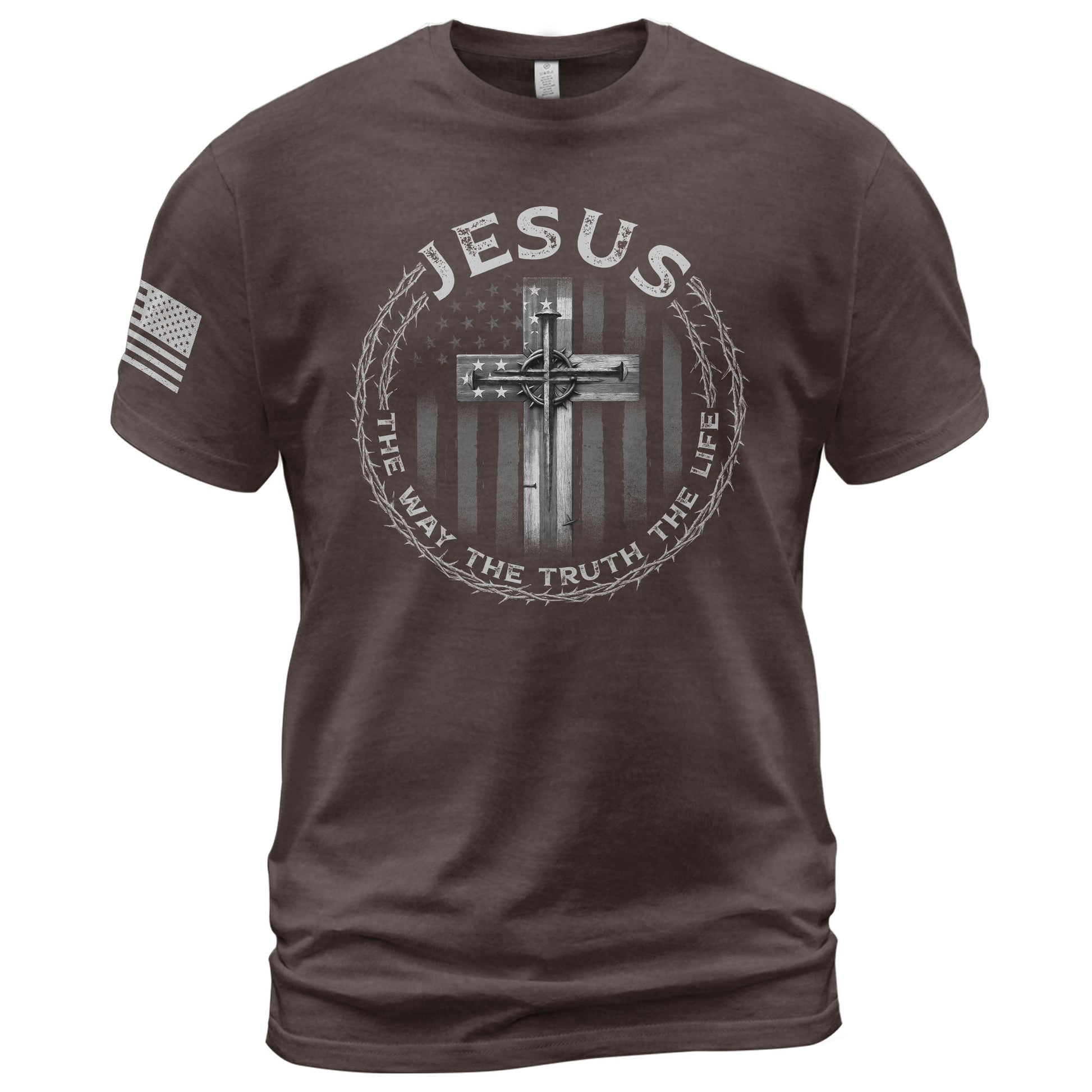 Faith Based Christian Tee Shirts, Jesus Cross American Flag The Way The Truth The Life - Christian Shirts for Men - Rust Field Wear