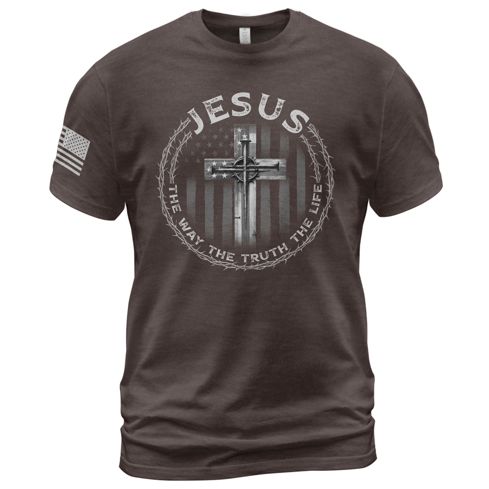Faith Based Christian Tee Shirts, Jesus Cross American Flag The Way The Truth The Life - Christian Shirts for Men - Rust Field Wear