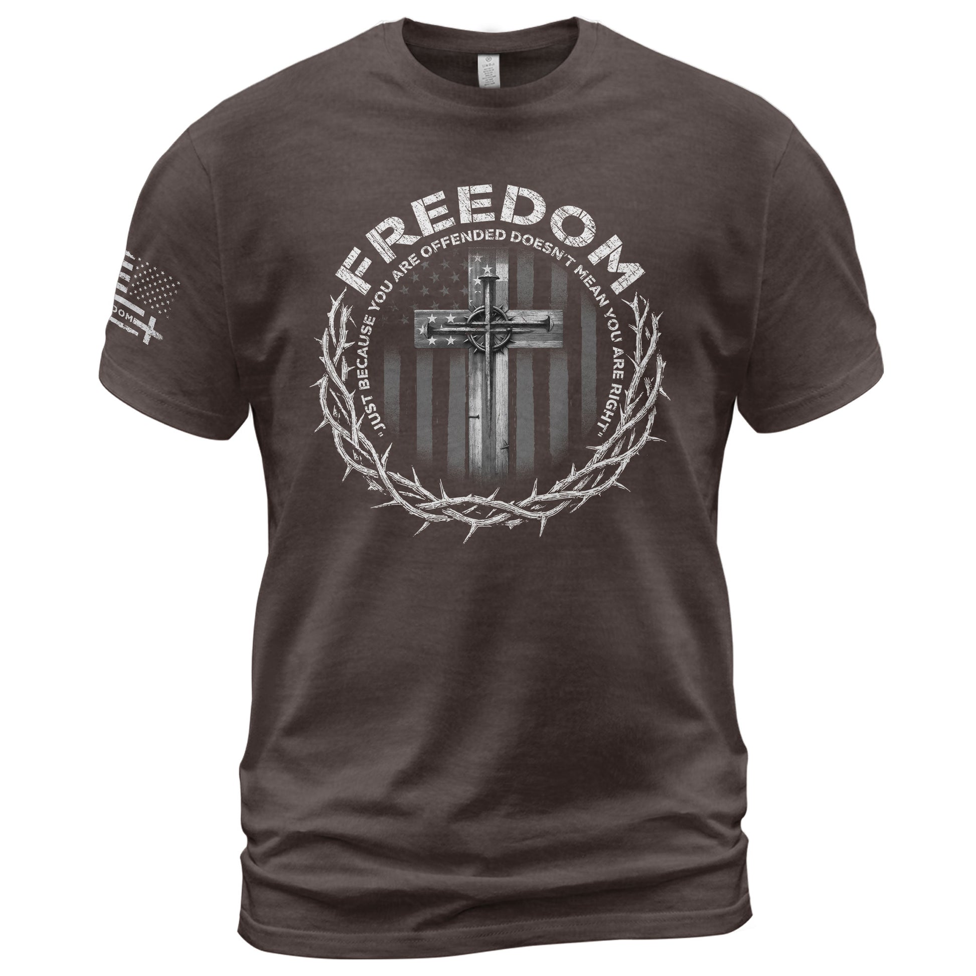 Freedom Shirts for Men, Freedom Memorial American Flag Cross with Crown of Thorns and Quote - Patriotic T Shirts - Rust Field Wear