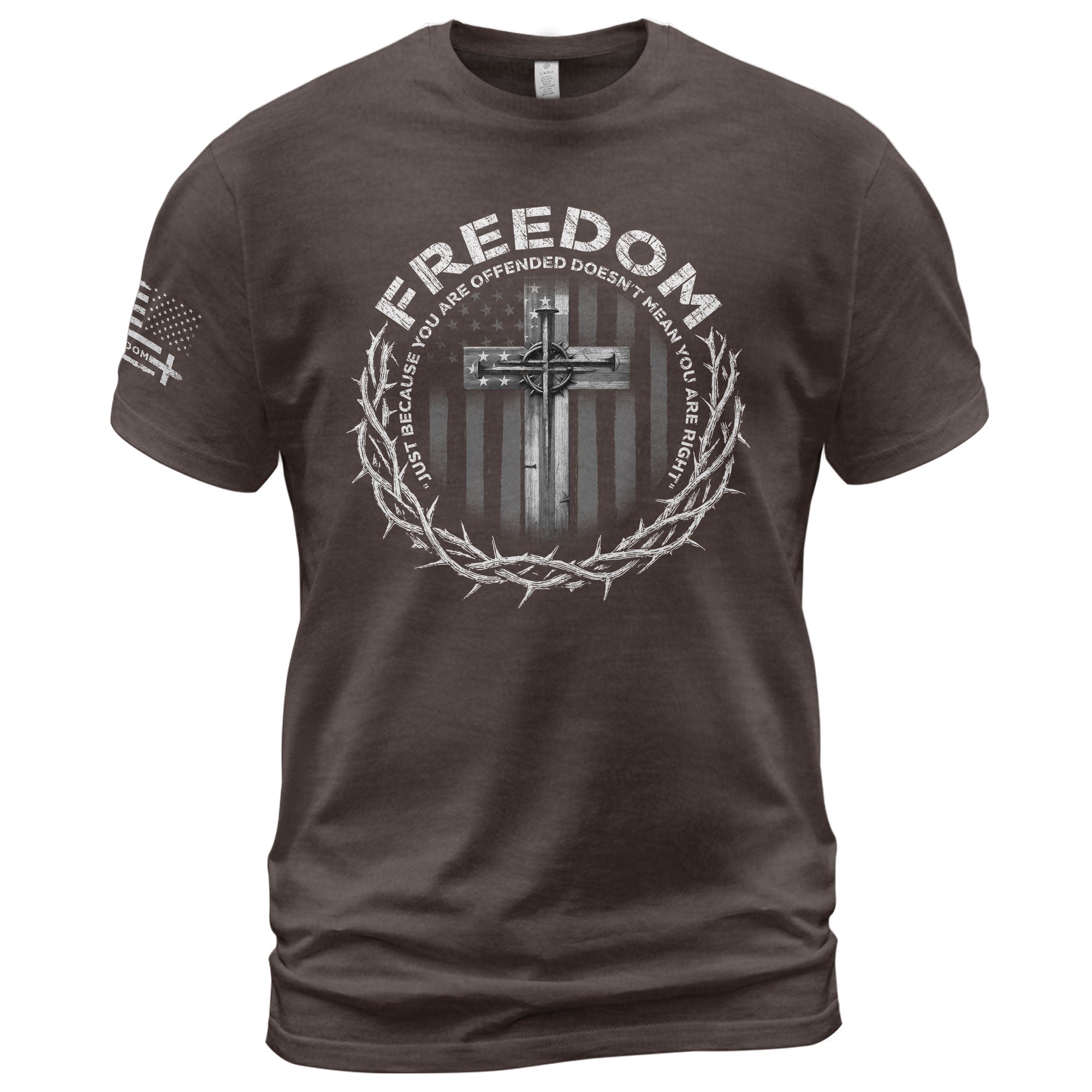 Freedom Shirts for Men, Freedom Memorial American Flag Cross with Crown of Thorns and Quote - Patriotic T Shirts - Rust Field Wear
