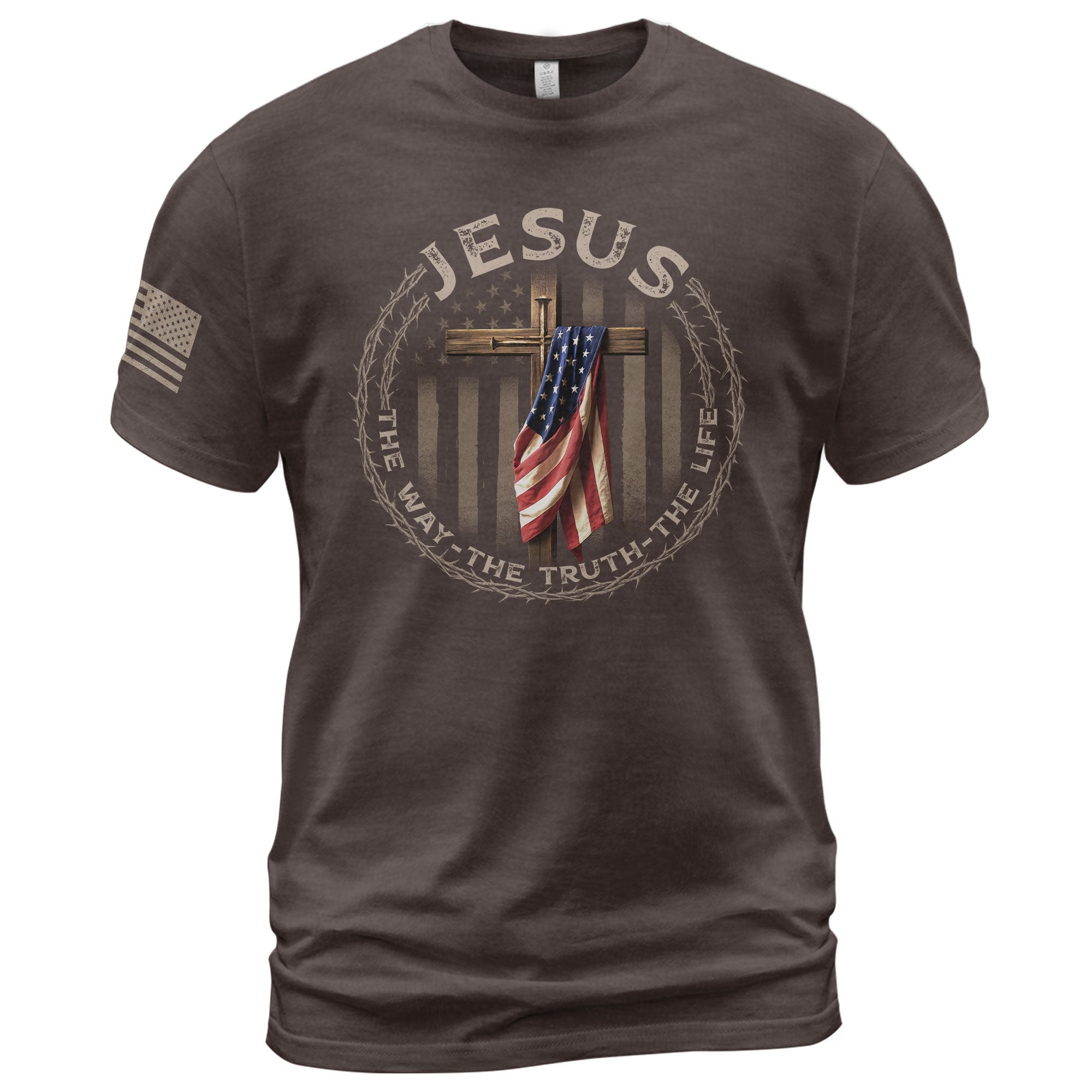 Christian Shirts for Men, Jesus The Way The Truth The Life American Flag Cross and Crown of Thorns - Christian Tee Shirts - Rust Field Wear