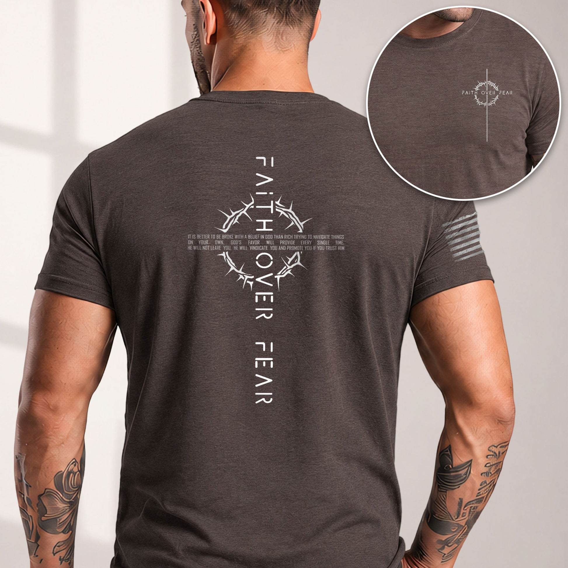 Christian Shirts for Men, Faith Over Fear Crown of Thorns Cross Christian - Christian Tee Shirts - Rust Field Wear