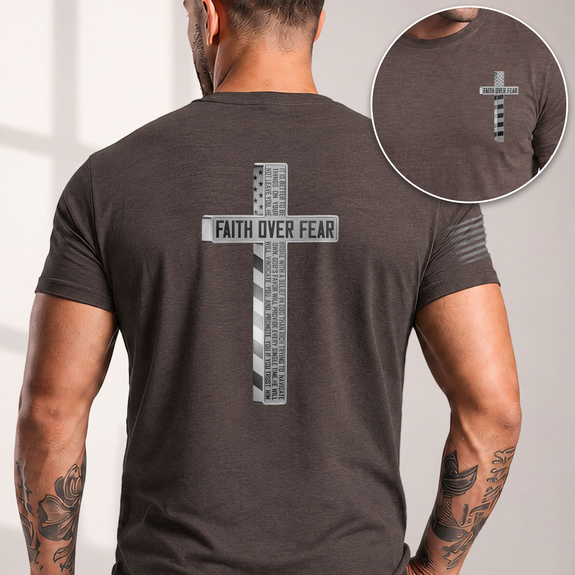 Faith Over Fear American USA Flag Cross Christian, Christian Tee Shirts - Faith Shirts for Men - Rust Field Wear
