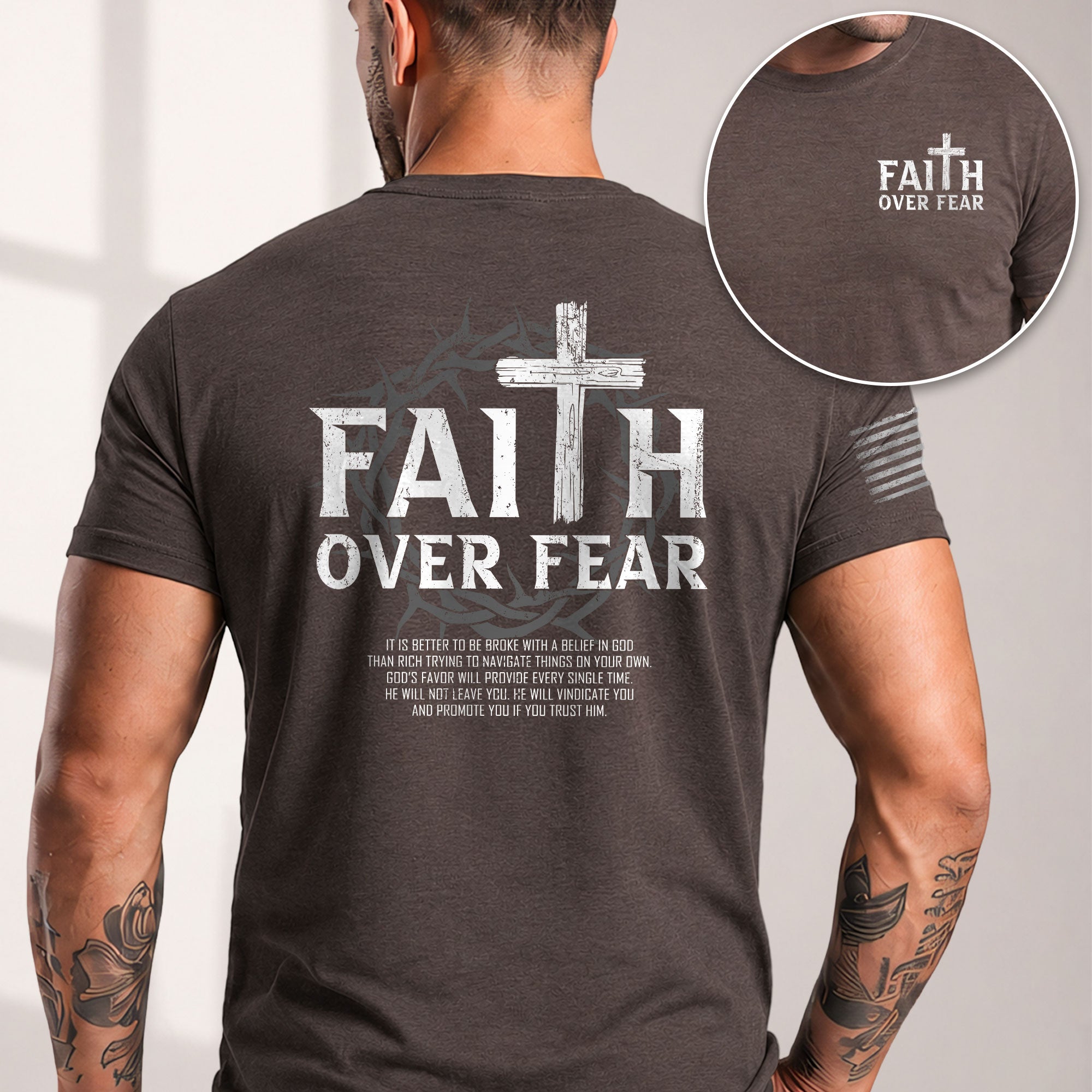 Faith Based Christian Tee Shirts, Faith Over Fear Wooden Cross Crown Christian - Christian Shirts for Men - Rust Field Wear
