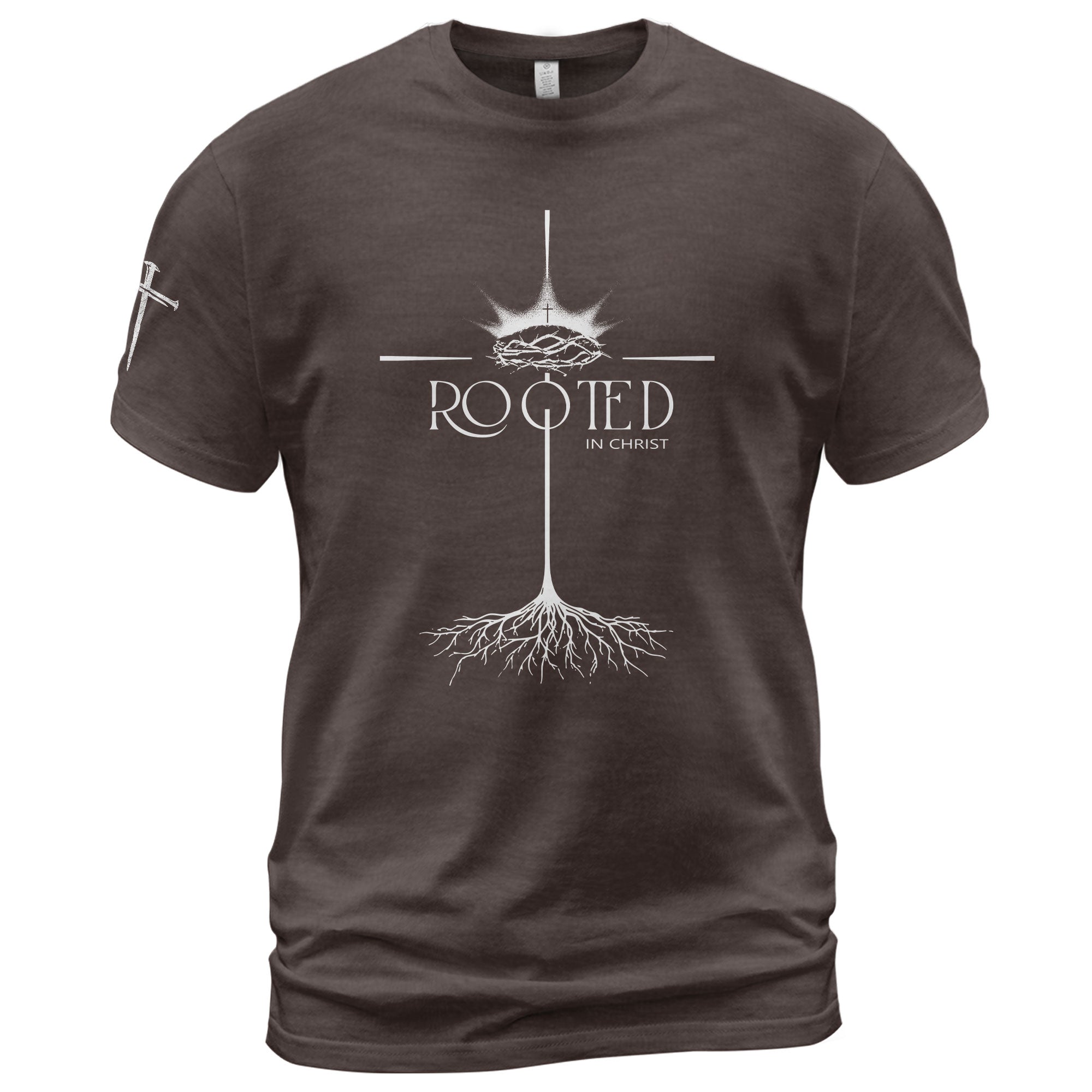 Faith Based Christian Tee Shirts, Rooted In Christ Christian With Crown Of Thorns And Cross Roots - Christian Shirts for Men - Rust Field Wear