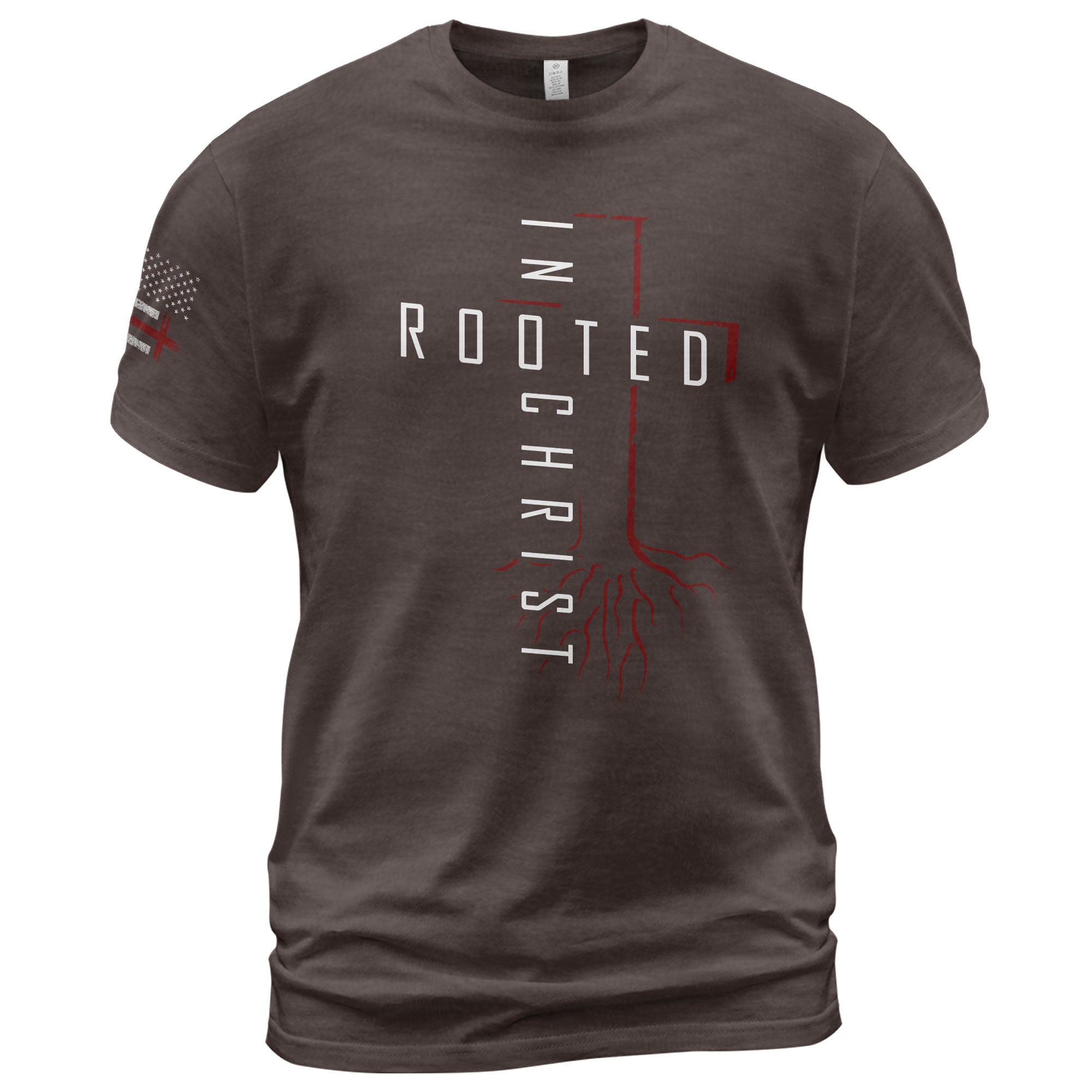 Christian Tee Shirts, Rooted In Christ Red Cross and Roots Christian - Christian Shirts for Men - Rust Field Wear