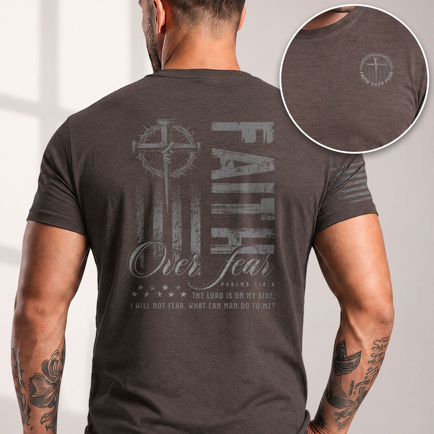 Christian Shirts for Men, Faith Over Fear Psalms 118:6 American Flag Cross Christian - Christian Tee Shirts - Rust Field Wear