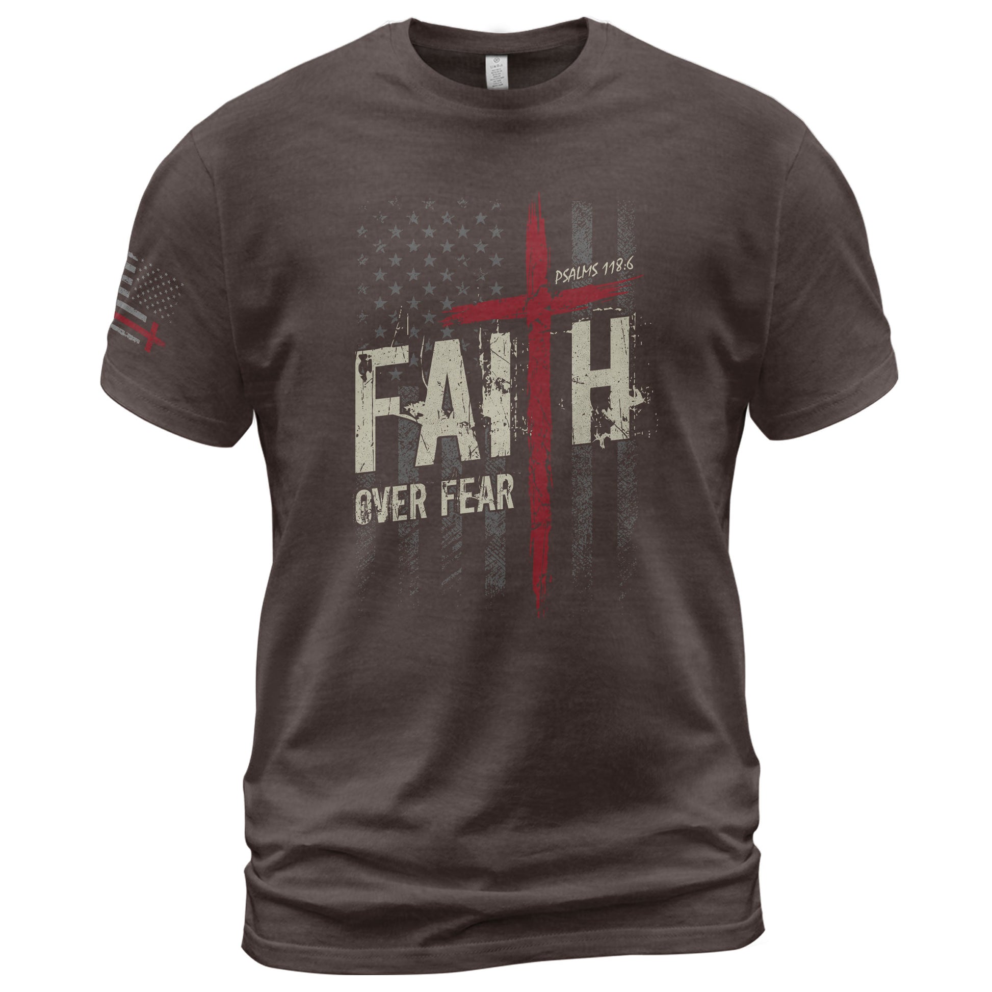 Christian Tee Shirts, Faith Over Fear Psalms 118:6 Red Cross American Flag Christian - Christian Shirts for Men - Rust Field Wear