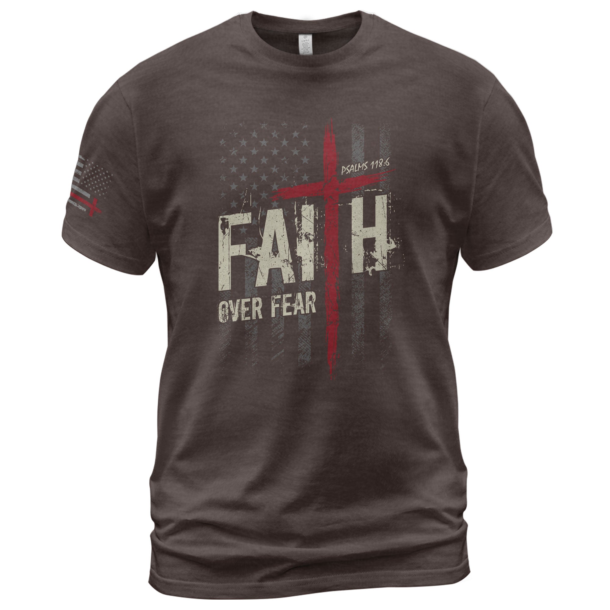 Christian Tee Shirts, Faith Over Fear Psalms 118:6 Red Cross American Flag Christian - Christian Shirts for Men - Rust Field Wear