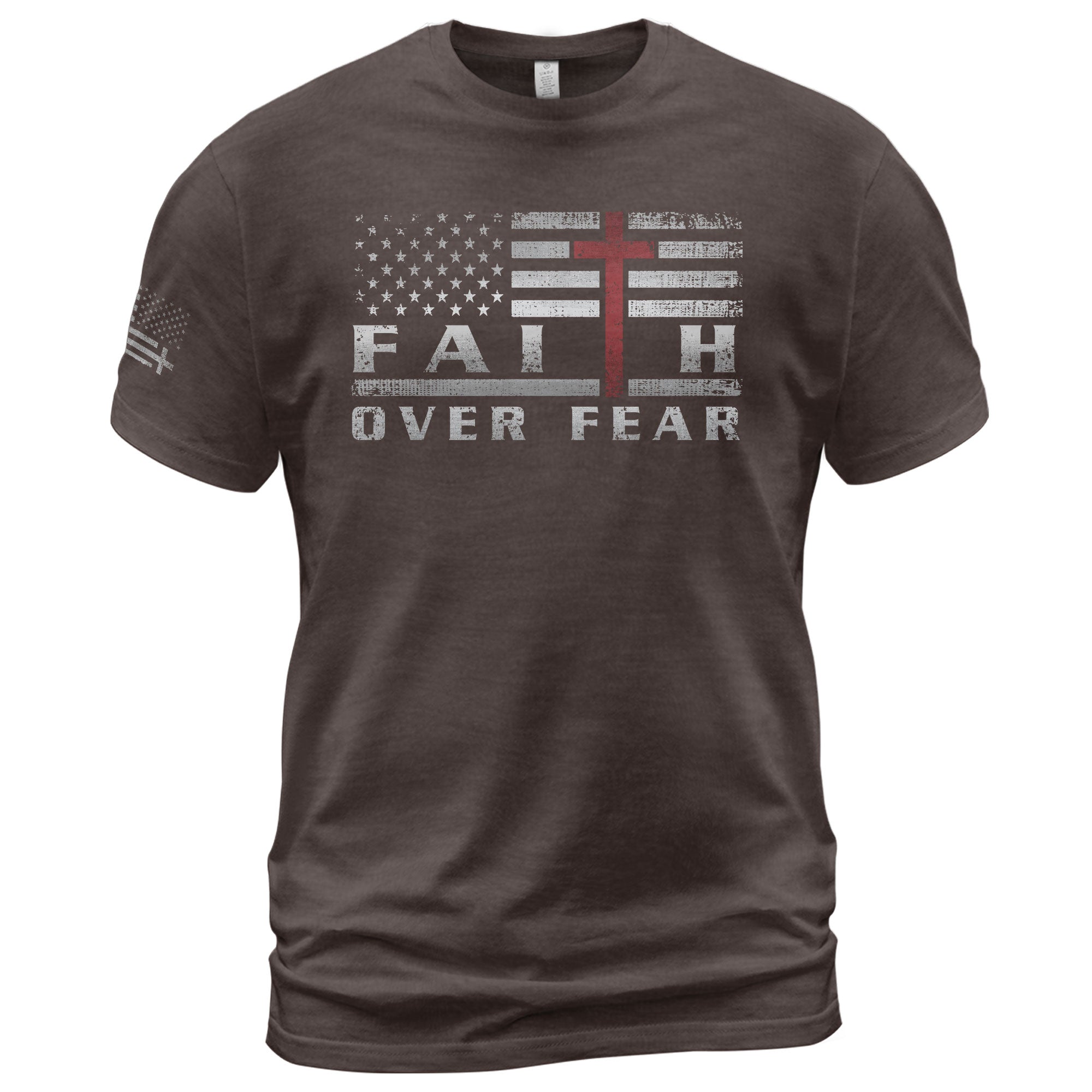 Faith Over Fear USA Flag Red Cross Christian - Christian Tee Shirts, Christian Shirts for Men - Rust Field Wear