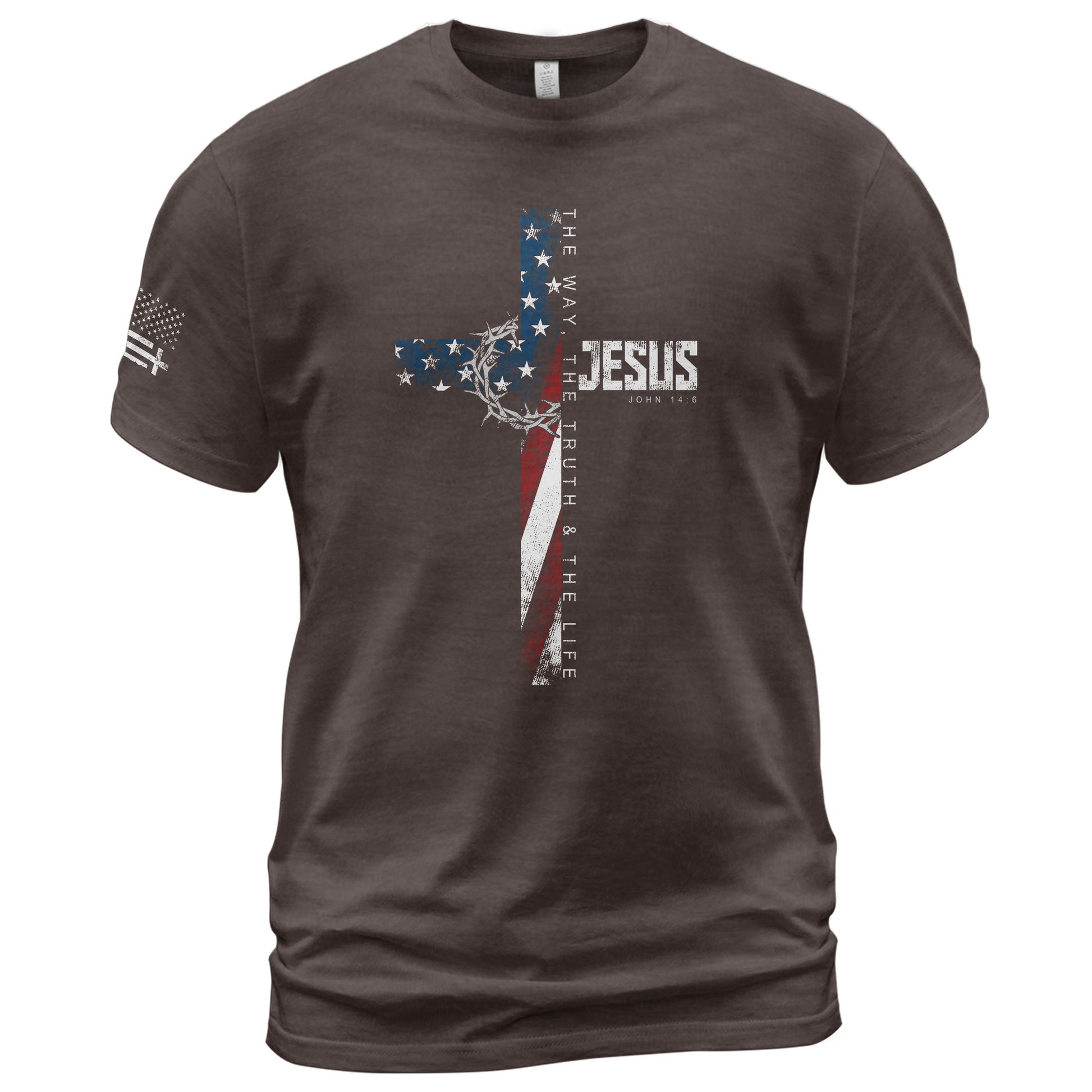 Christian Shirts for Men, Jesus John 14:6 American Flag Cross Crown Christian - Christian Tee Shirts - Rust Field Wear