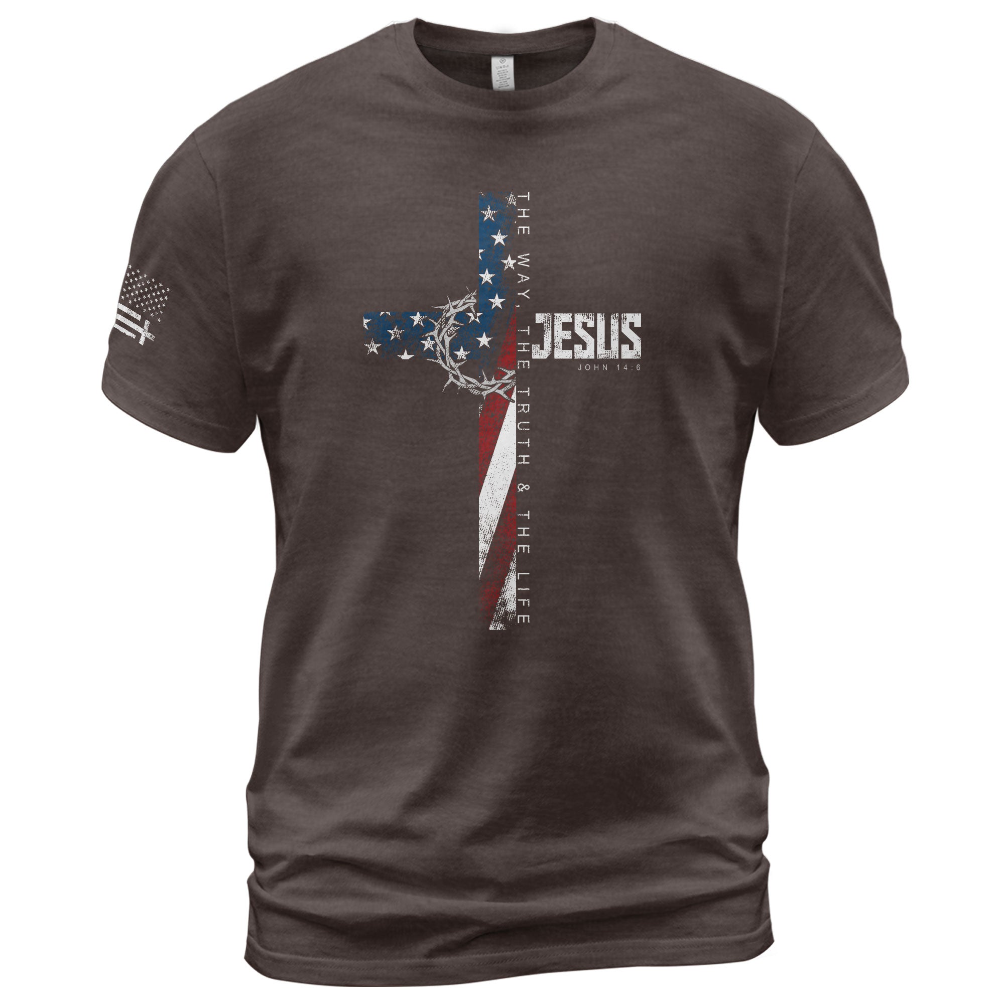 Christian Shirts for Men, Jesus John 14:6 American Flag Cross Crown Christian - Christian Tee Shirts - Rust Field Wear