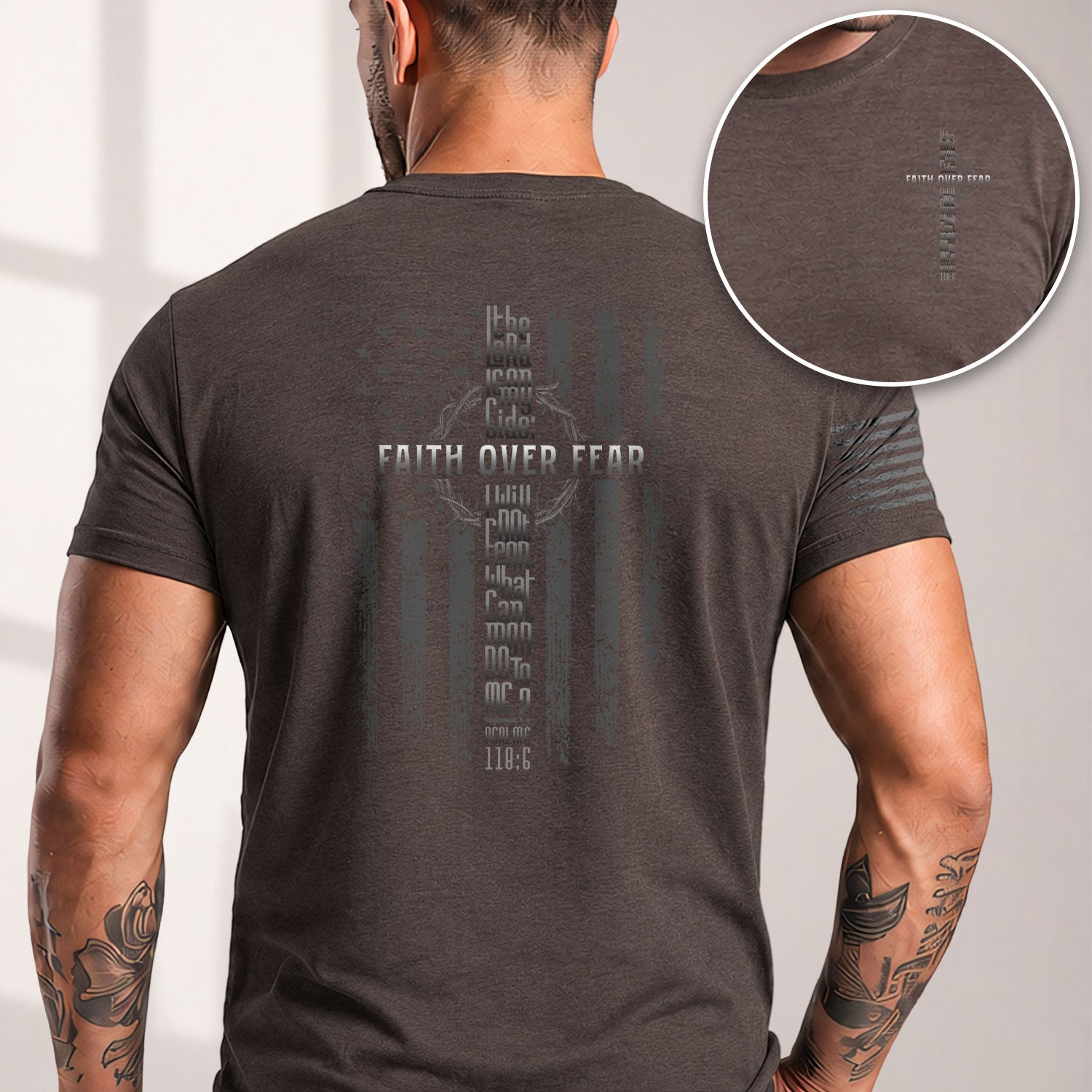 Christian Shirts for Men, Faith Over Fear American Flag Cross Psalms 118:6 Christian - Christian Tee Shirts - Rust Field Wear