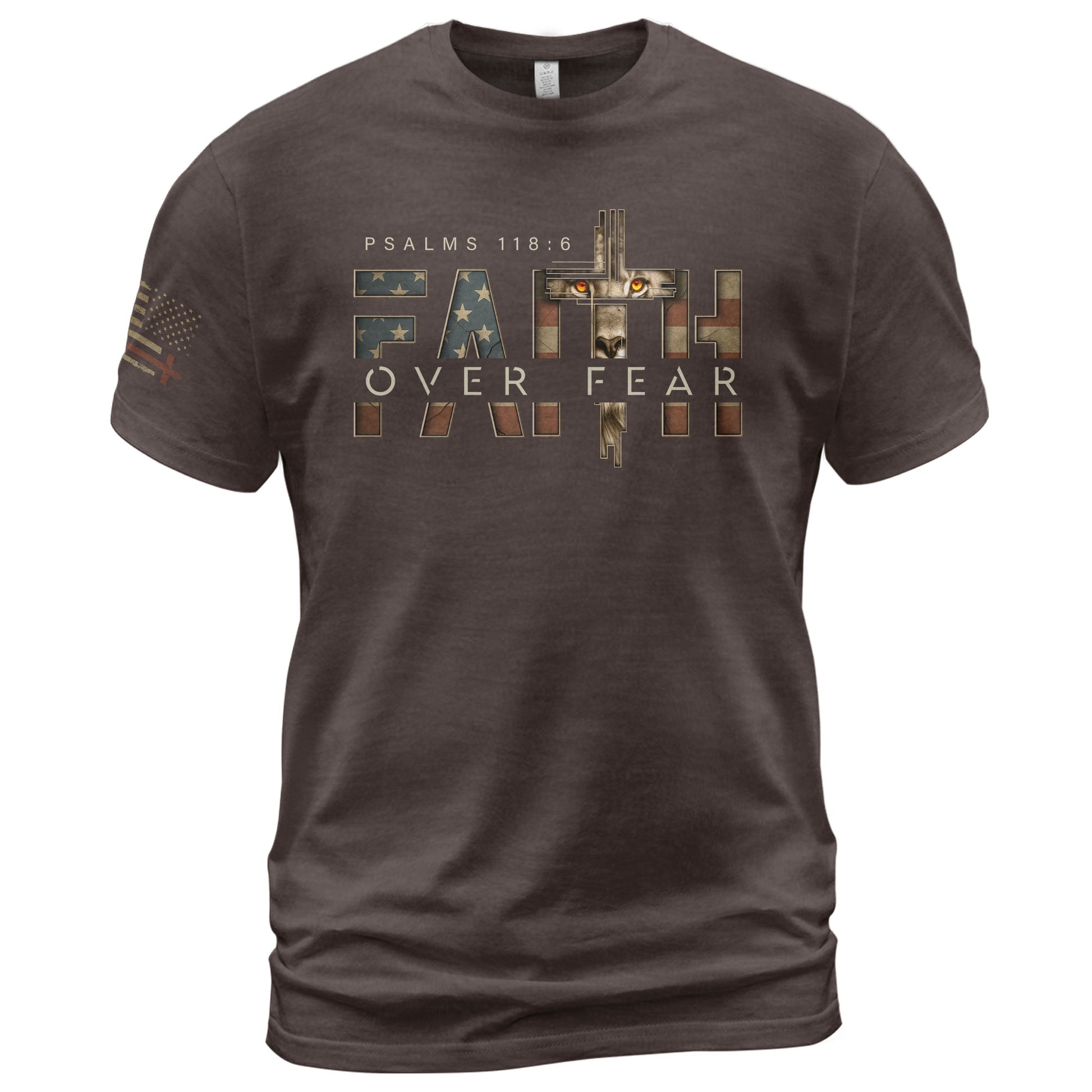Faith Over Fear Lion Cross American Flag Psalms 118:6 Christian, Christian Tee Shirts - Faith Shirts for Men - Rust Field Wear