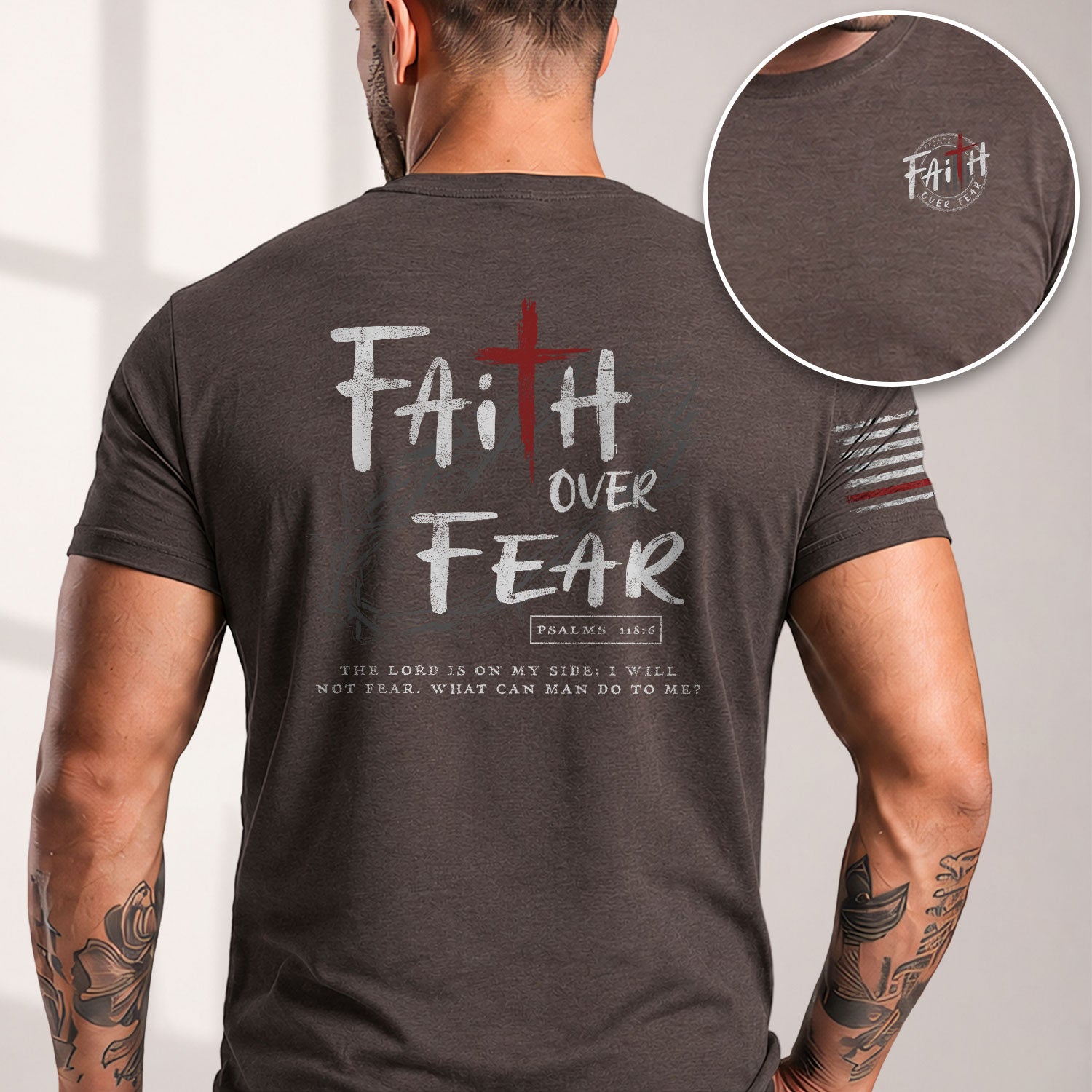 Christian Tee Shirts, Faith Over Fear Cross Crown of Thorns Psalms 118:6 Christian - Christian Shirts for Men - Rust Field Wear