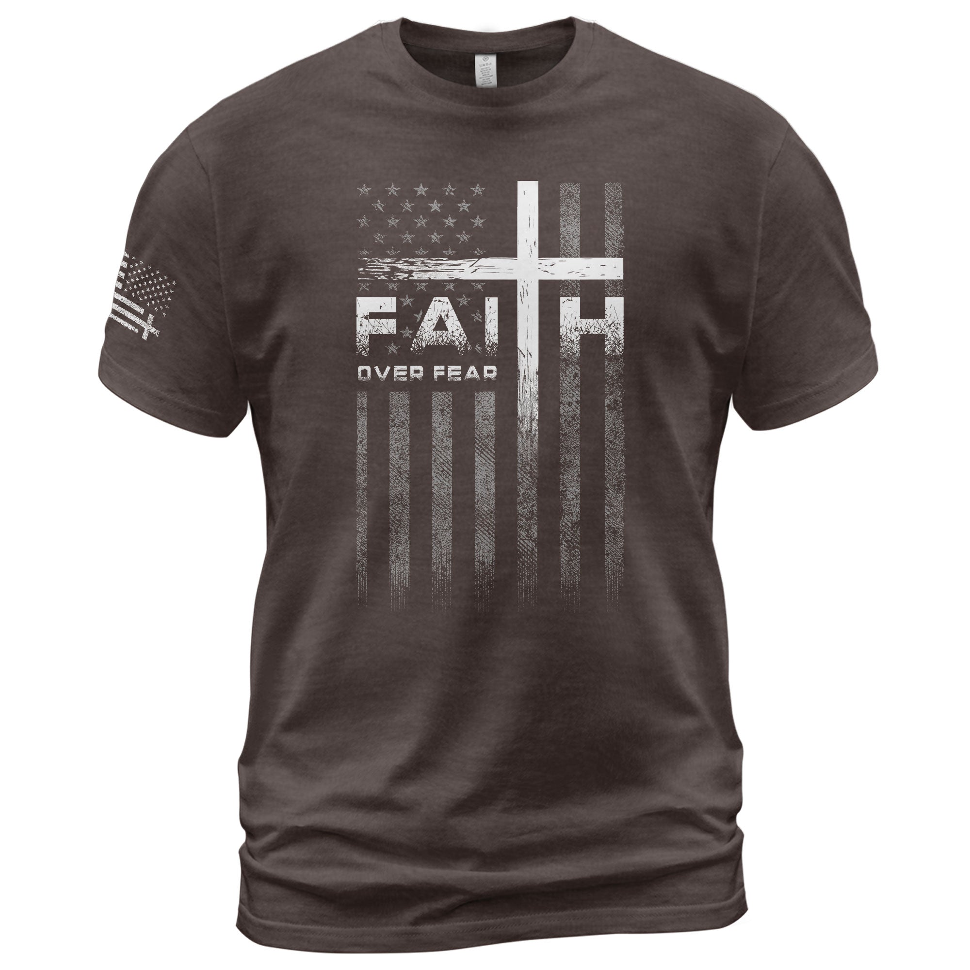 Christian Shirts for Men, Faith Over Fear Christian Cross American Flag Design - Christian Tee Shirts - Rust Field Wear
