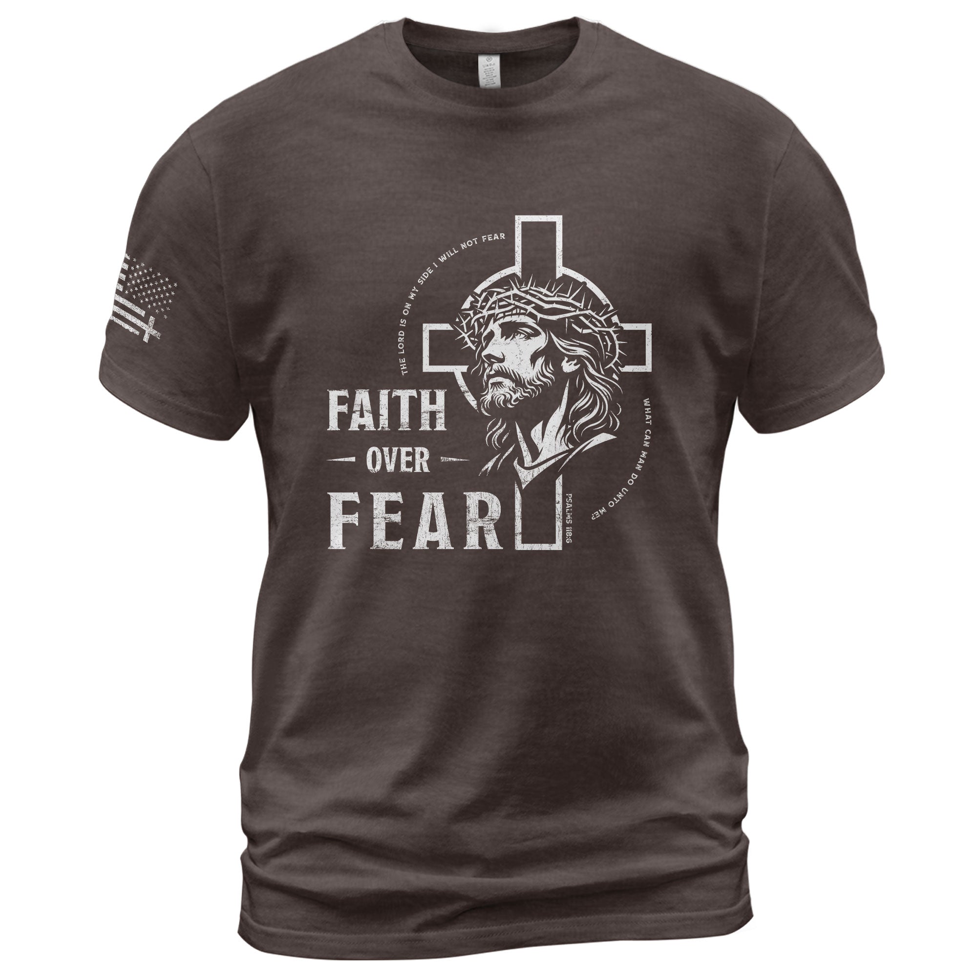 Faith Based Christian Tee Shirts, Faith Over Fear Christian Jesus Cross Crown of Thorns Design - Christian Shirts for Men - Rust Field Wear