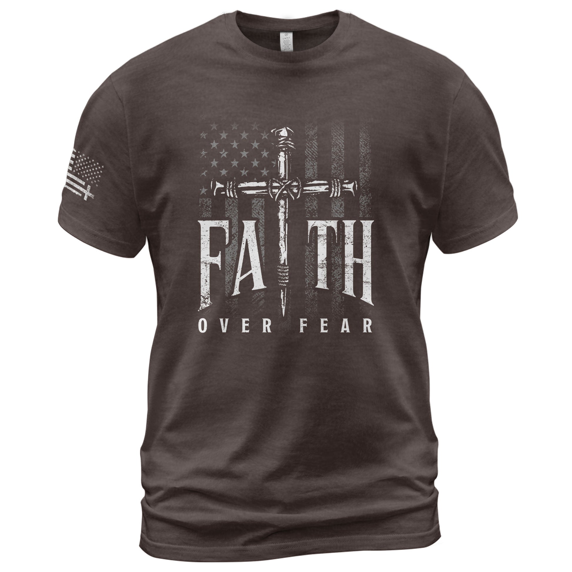 Christian Shirts for Men - Faith Over Fear Christian American Flag Cross Sword Design, Christian Tee Shirts - Rust Field Wear