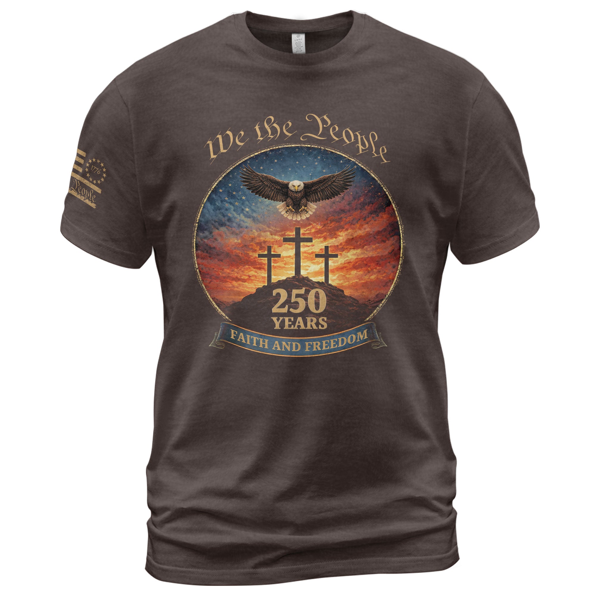 We the People 250th Anniversary T-Shirt - Christian American Patriot Eagle Soaring Over Three Crosses Design - Rust Field Wear