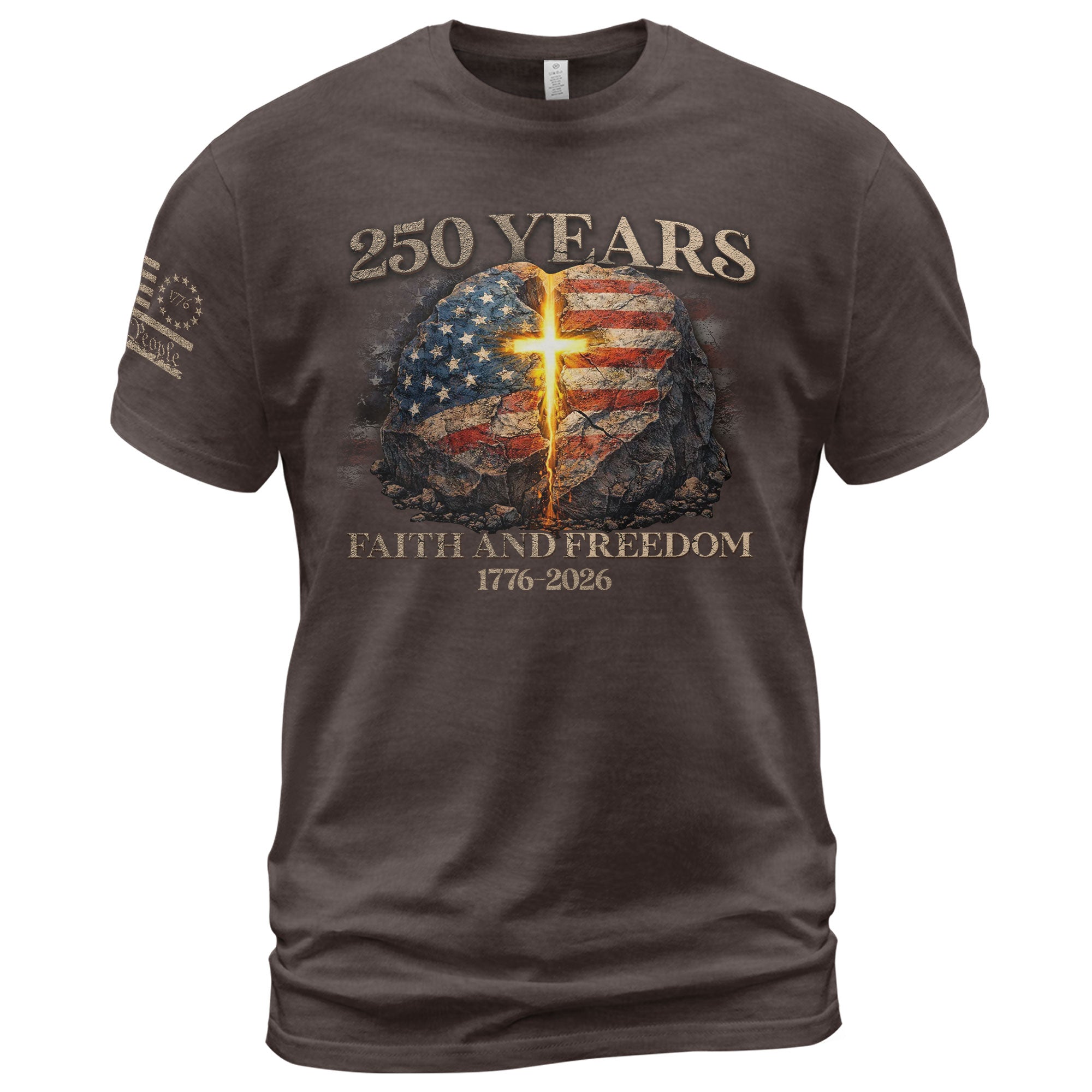 Faith and Freedom 250 Years T-Shirt - Glowing Cross & American Flag Rock Graphic Tee - Rust Field Wear