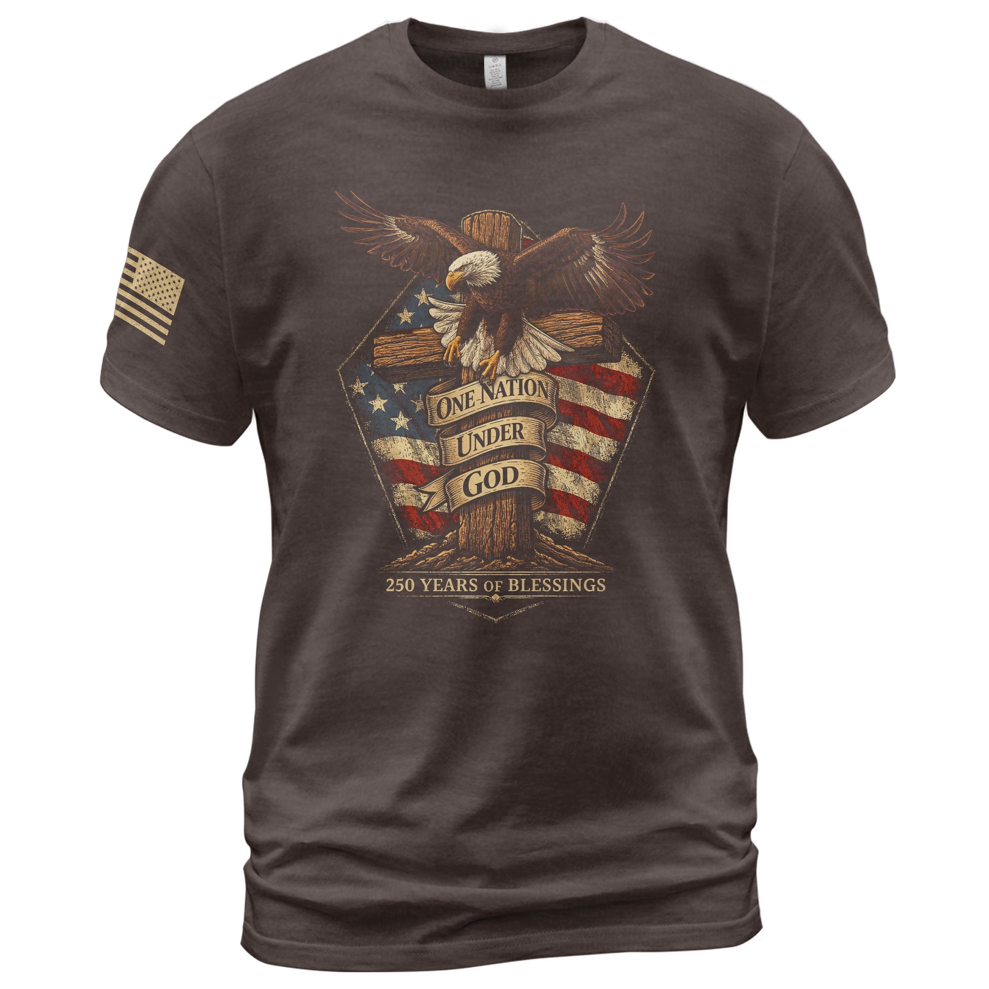 American Faith 250 Years of Blessings T-Shirt - One Nation Under God Eagle & Cross Design - Rust Field Wear