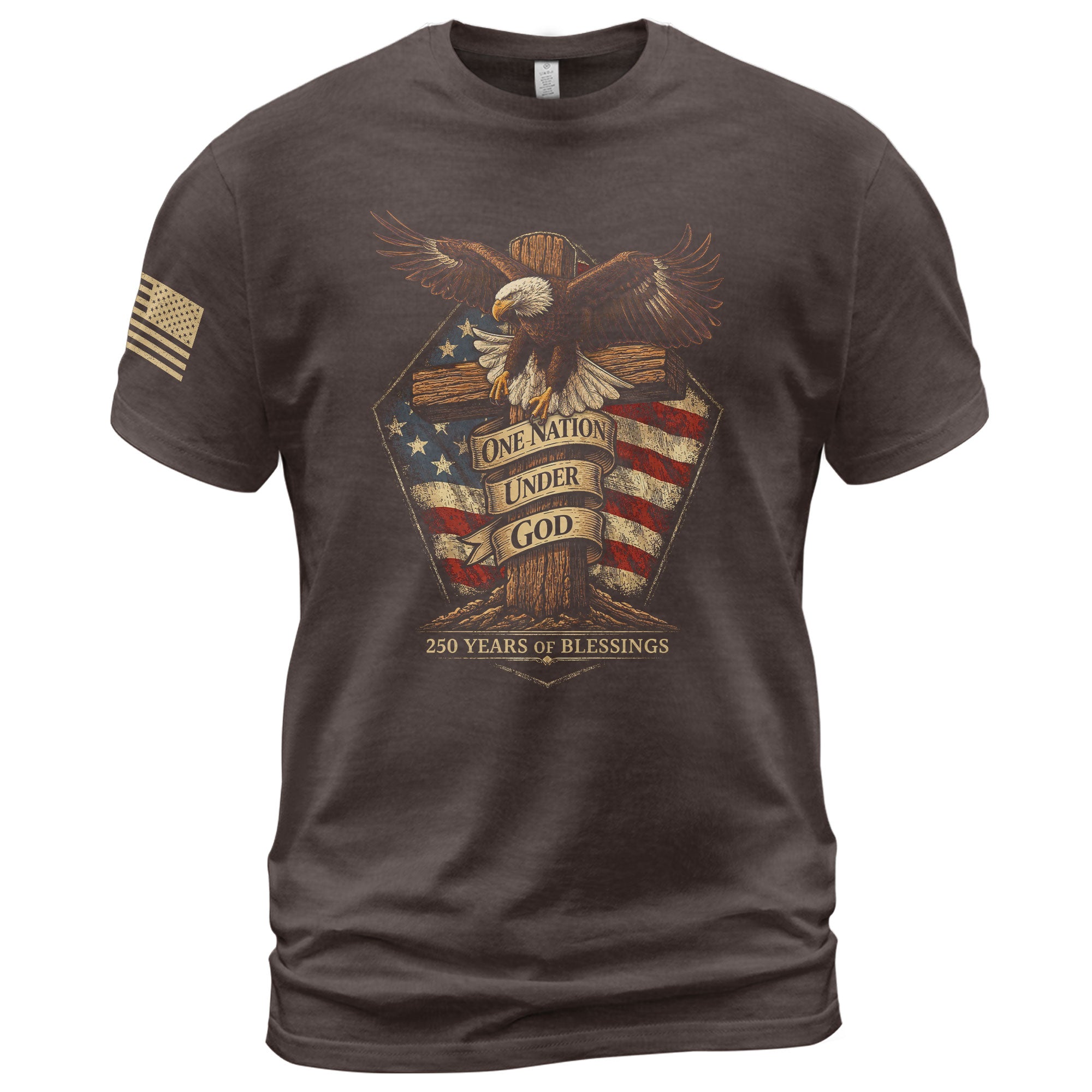 American Faith 250 Years of Blessings T-Shirt - One Nation Under God Eagle & Cross Design - Rust Field Wear