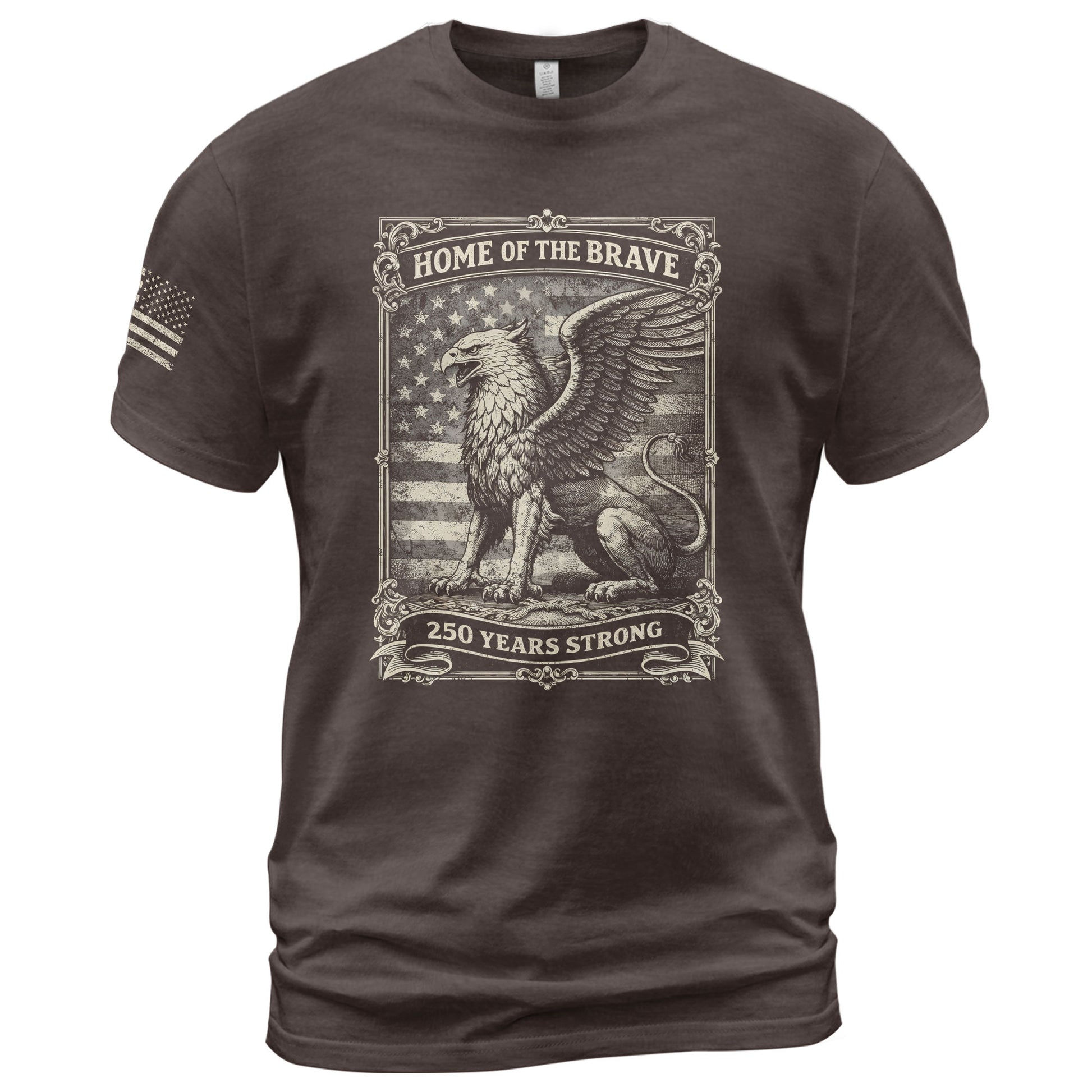 America 250th Anniversary T-Shirt 1776-2026 – Home of the Brave Griffin & Flag Tee - Rust Field Wear
