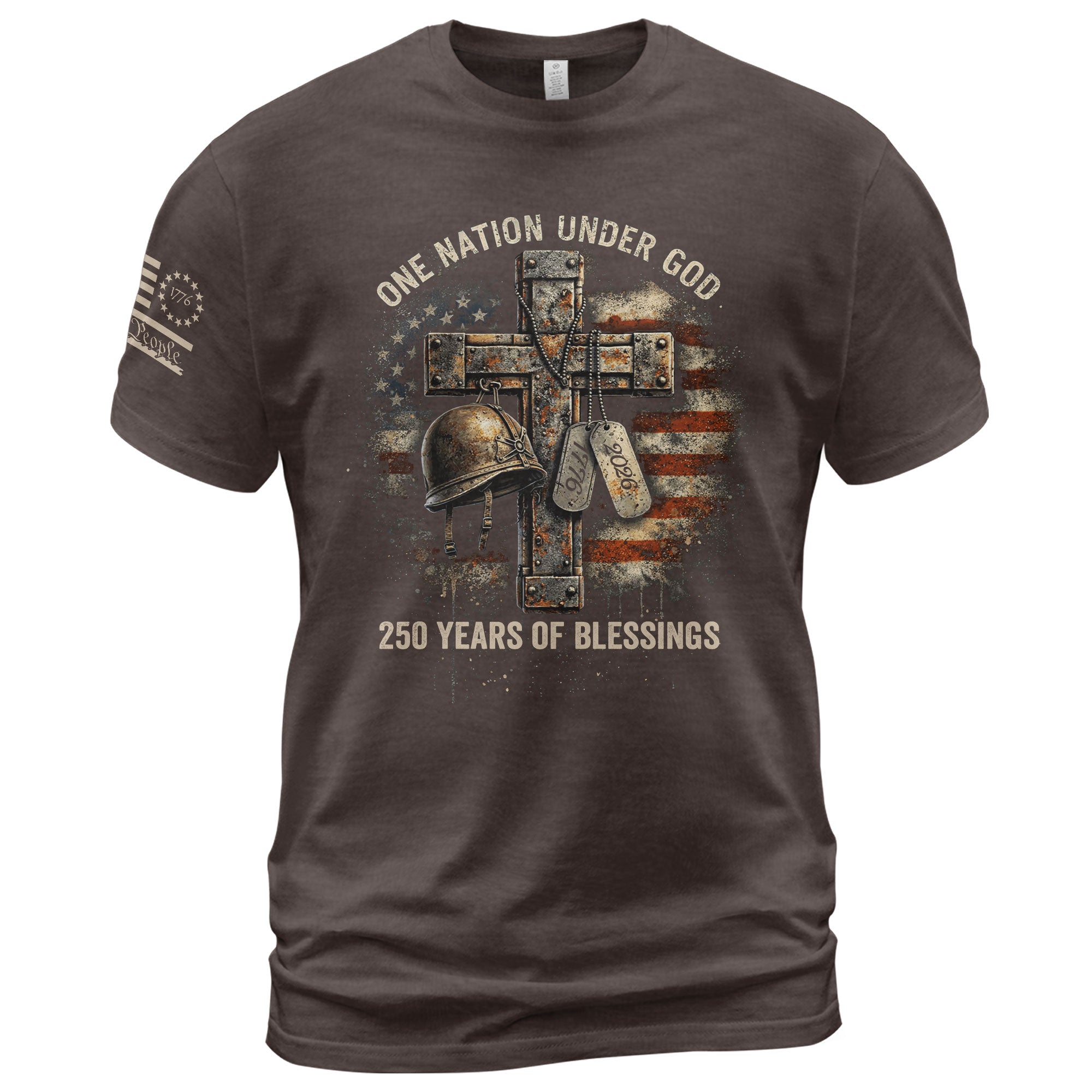 America 250th Anniversary T-Shirt 1776-2026 – Veteran Christian Cross & Dog Tags Tee - Rust Field Wear