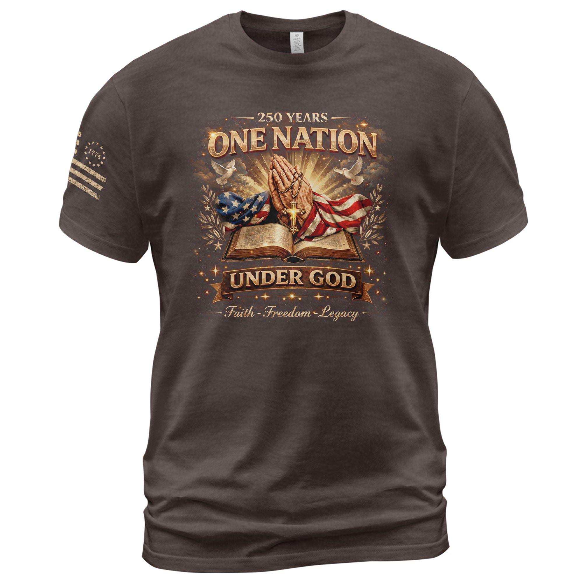 One Nation Under God 250th Birthday of America 1776-2026 T-Shirt – Faith Freedom Legacy Praying Hands Patriotic Merchandise - Rust Field Wear