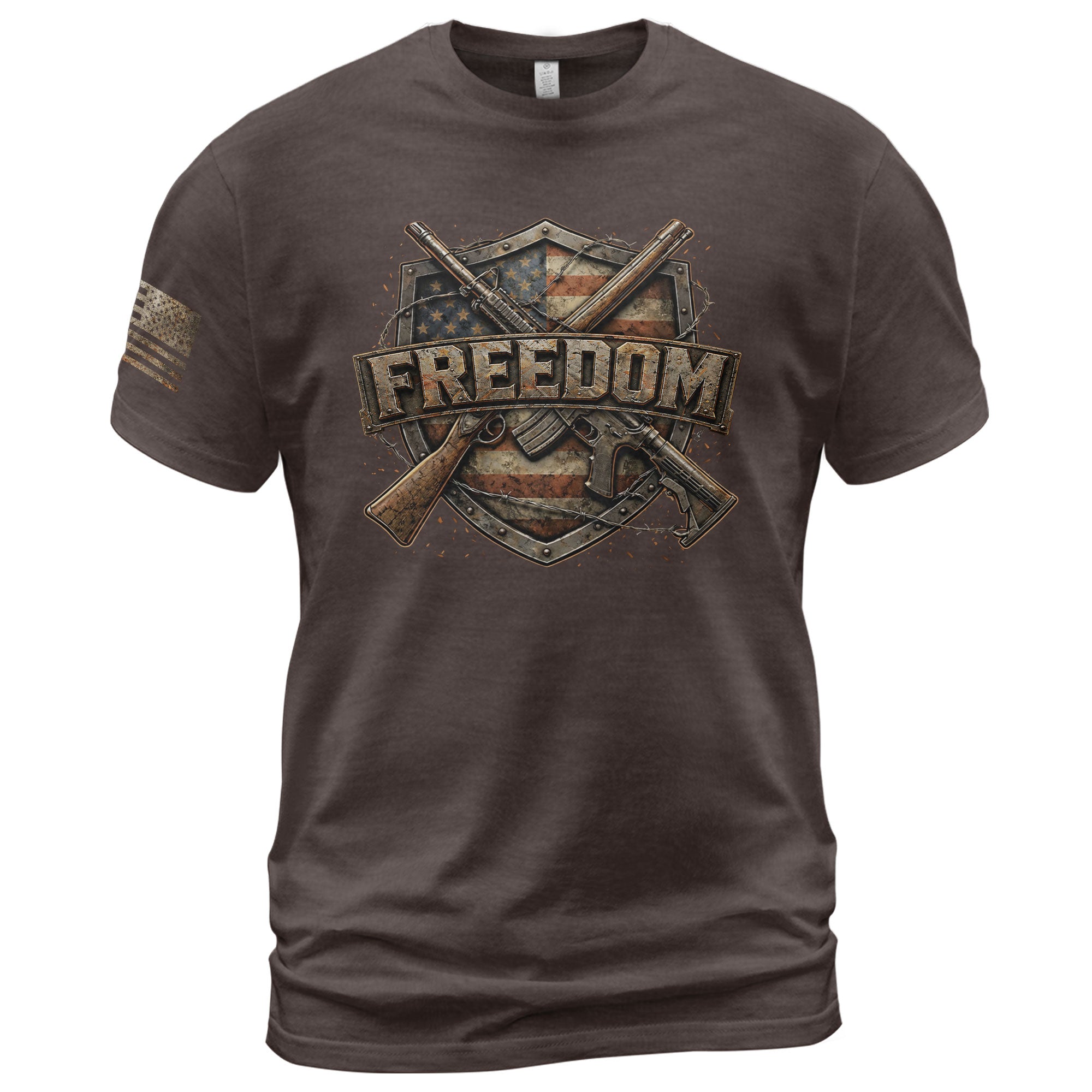 Freedom Shield Patriotic 2nd Amendment and American Flag Rifles - Freedom T Shirt, Patriotic Shirts for Men - Rust Field Wear
