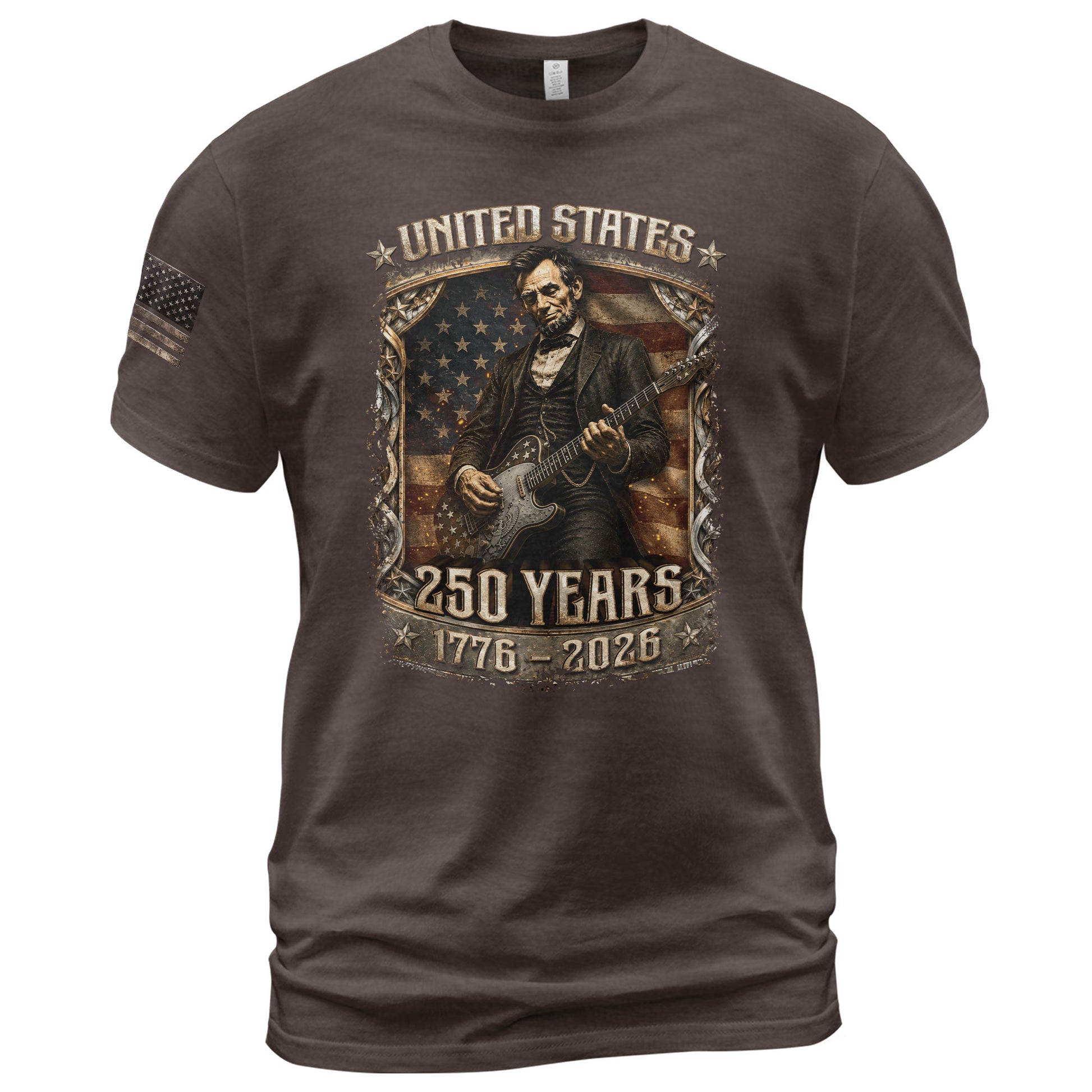 Abraham Lincoln T-Shirt Playing Guitar 1776 2026 Patriotic US Flag Retro Graphic Tee - Rust Field Wear