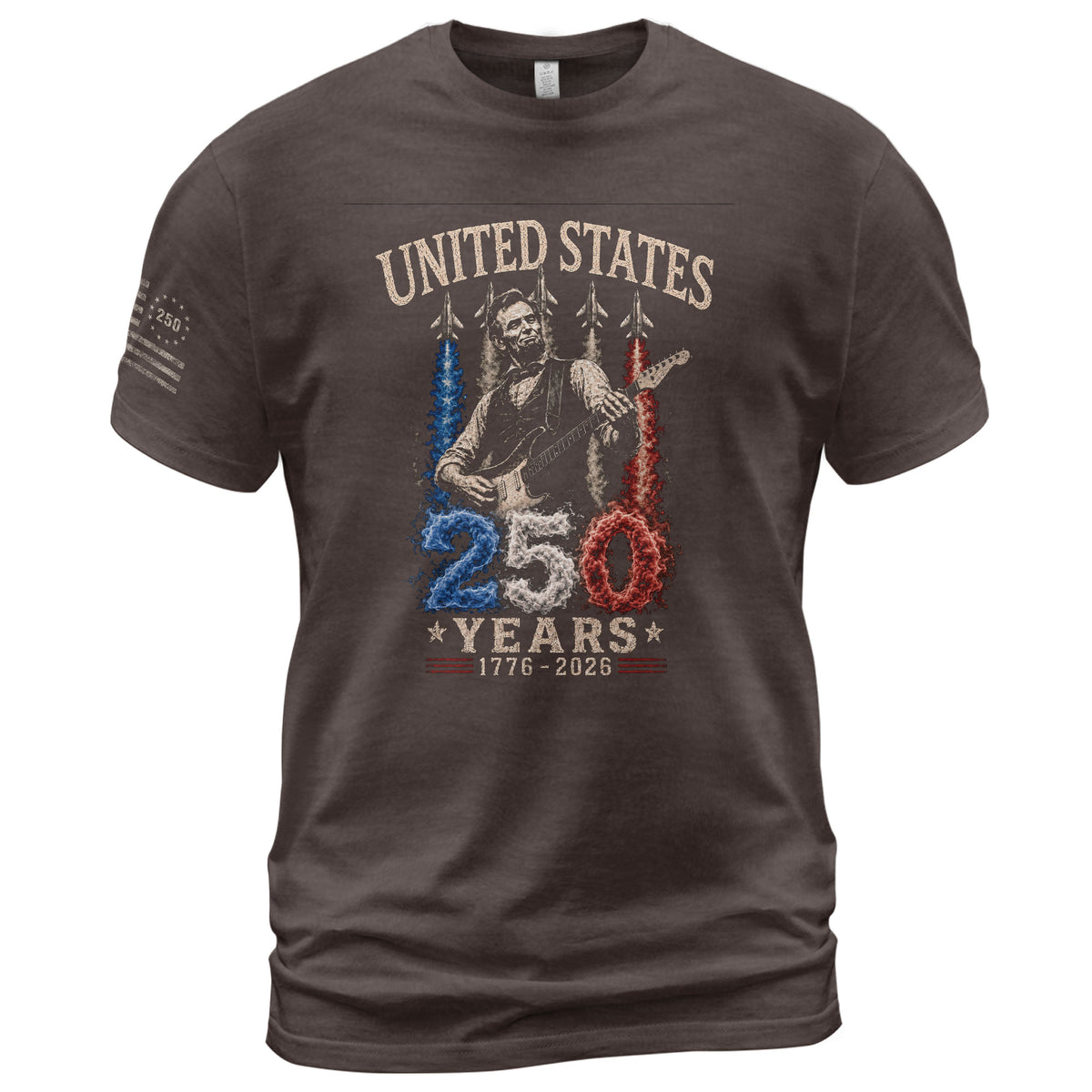 Mens T Shirt Patriotic Abraham Lincoln Guitar 1776-2026 250 Years Fighter Jet Rock Tee - Rust Field Wear