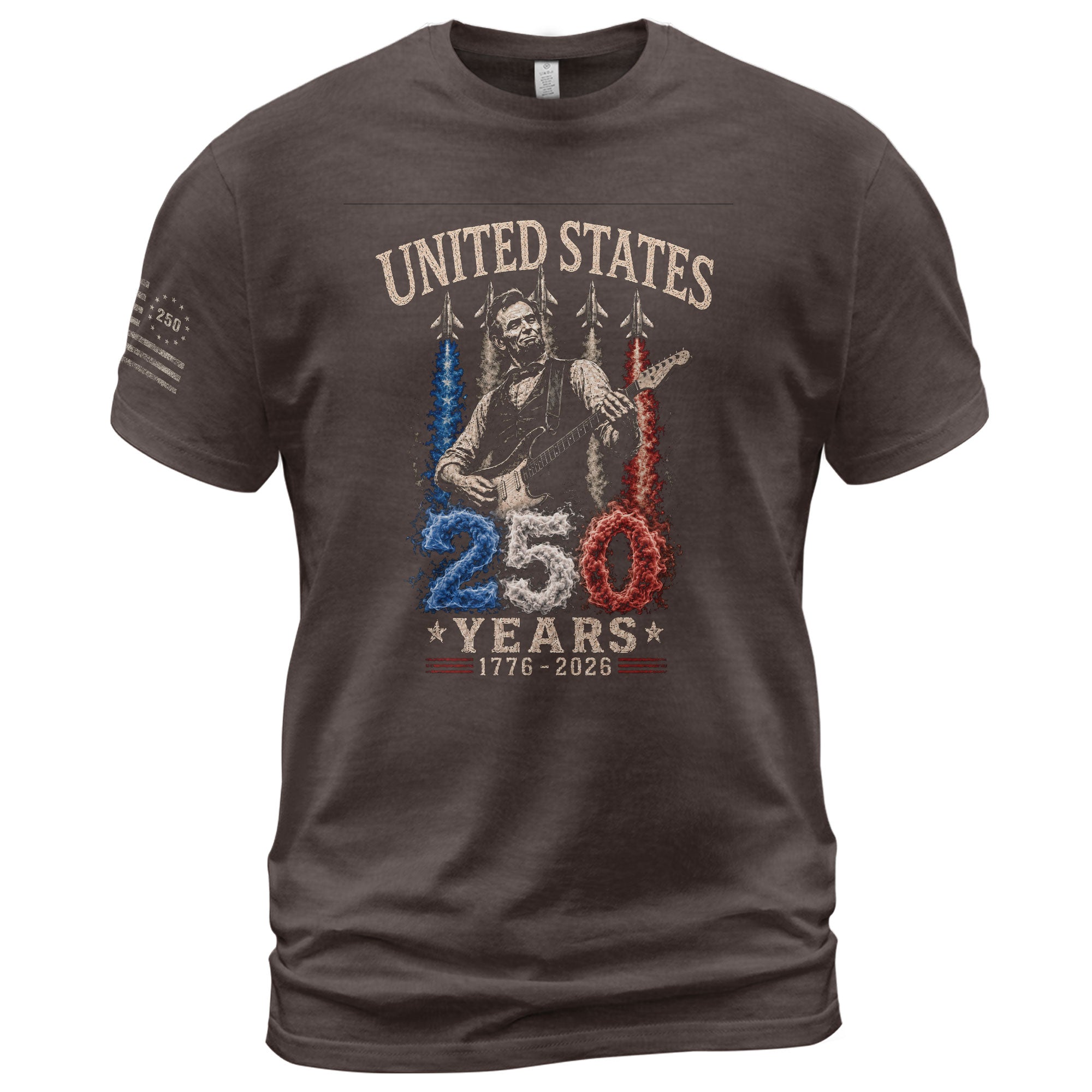 Mens T Shirt Patriotic Abraham Lincoln Guitar 1776-2026 250 Years Fighter Jet Rock Tee - Rust Field Wear