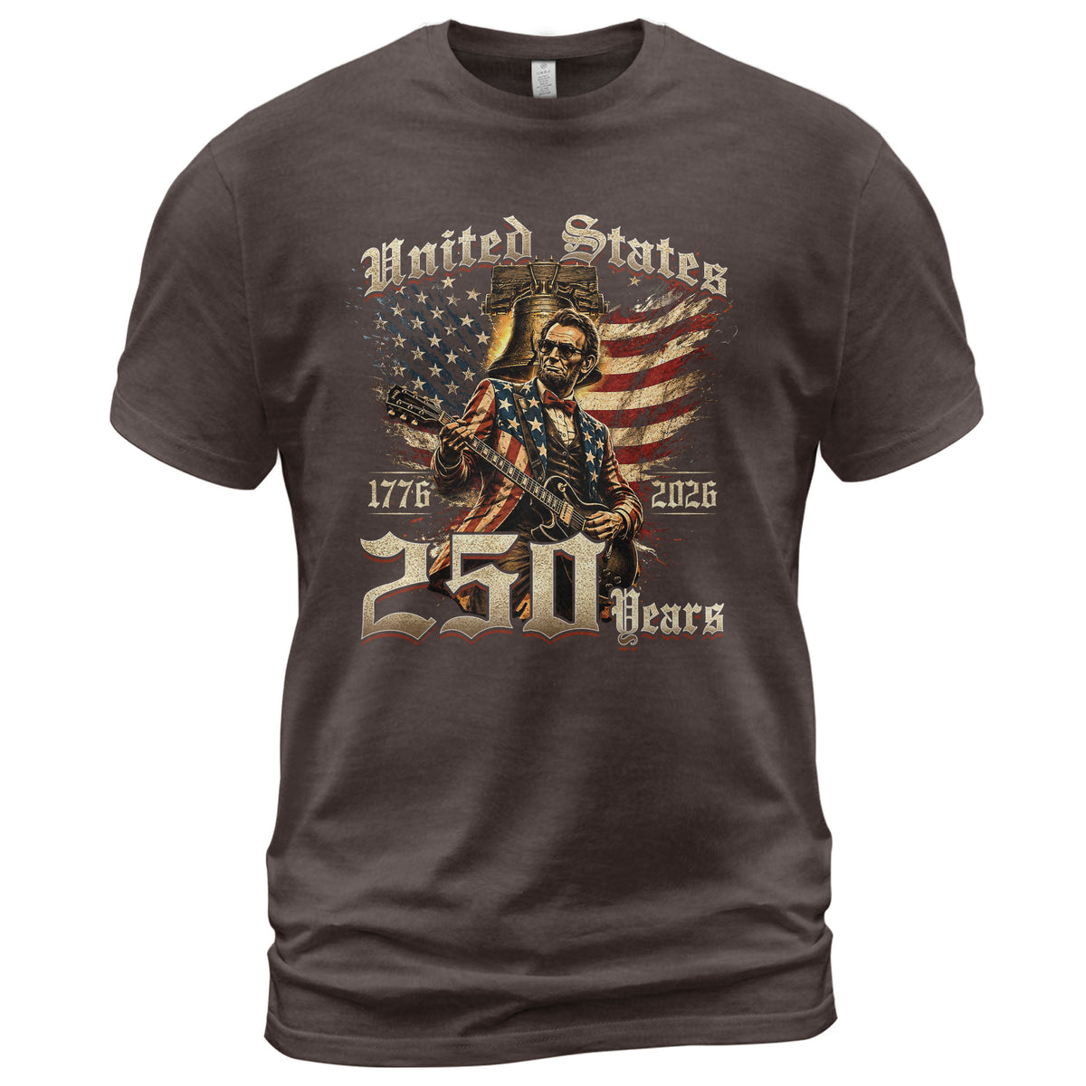 Lincoln Rock Guitar Patriotic T-Shirt - Vintage 1776 2026 Liberty Bell Graphic Tee - Rust Field Wear